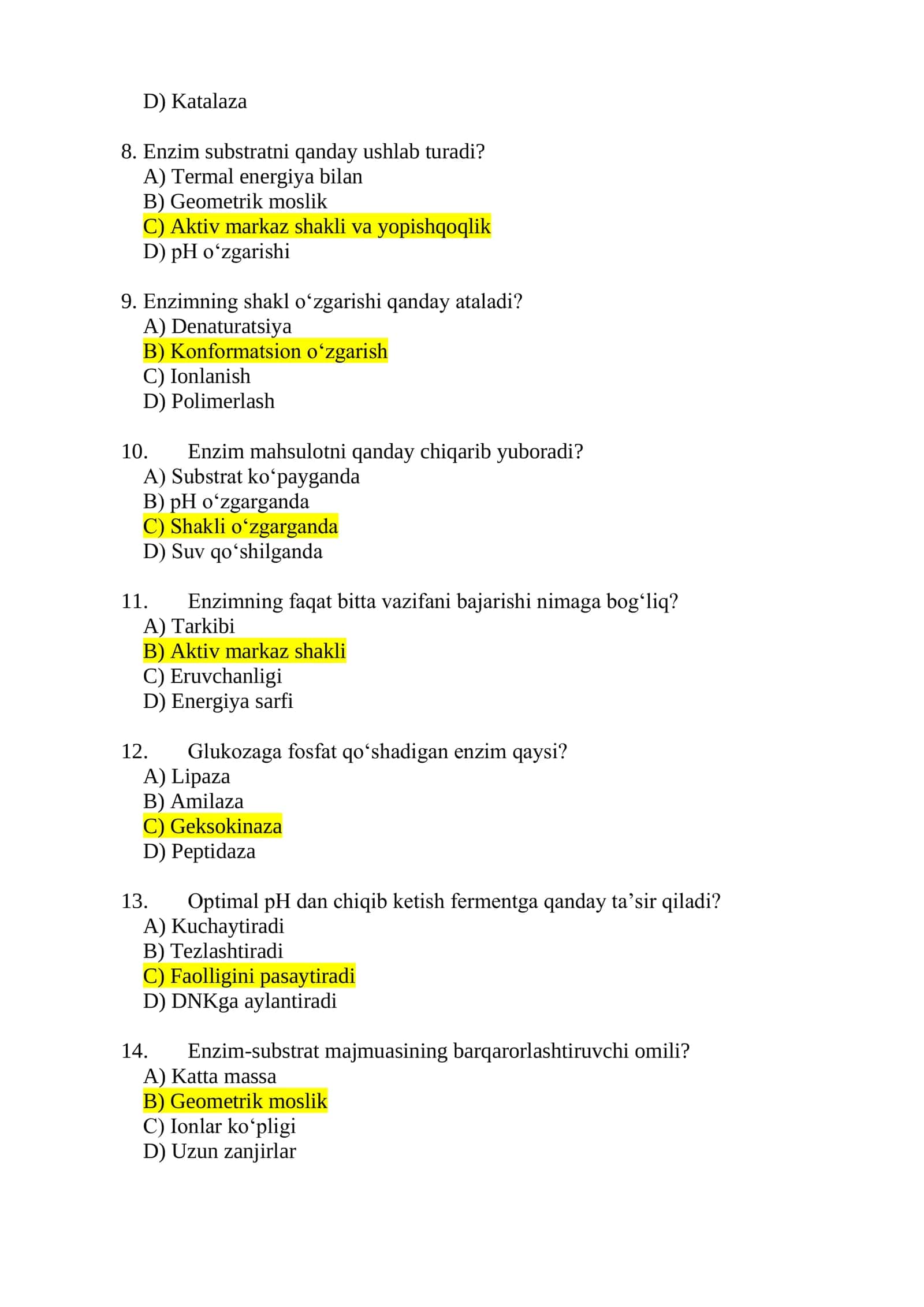 Hujayrada fermentlarning biokimyoviy ahamiyat yuzasidan 20 ta test 2