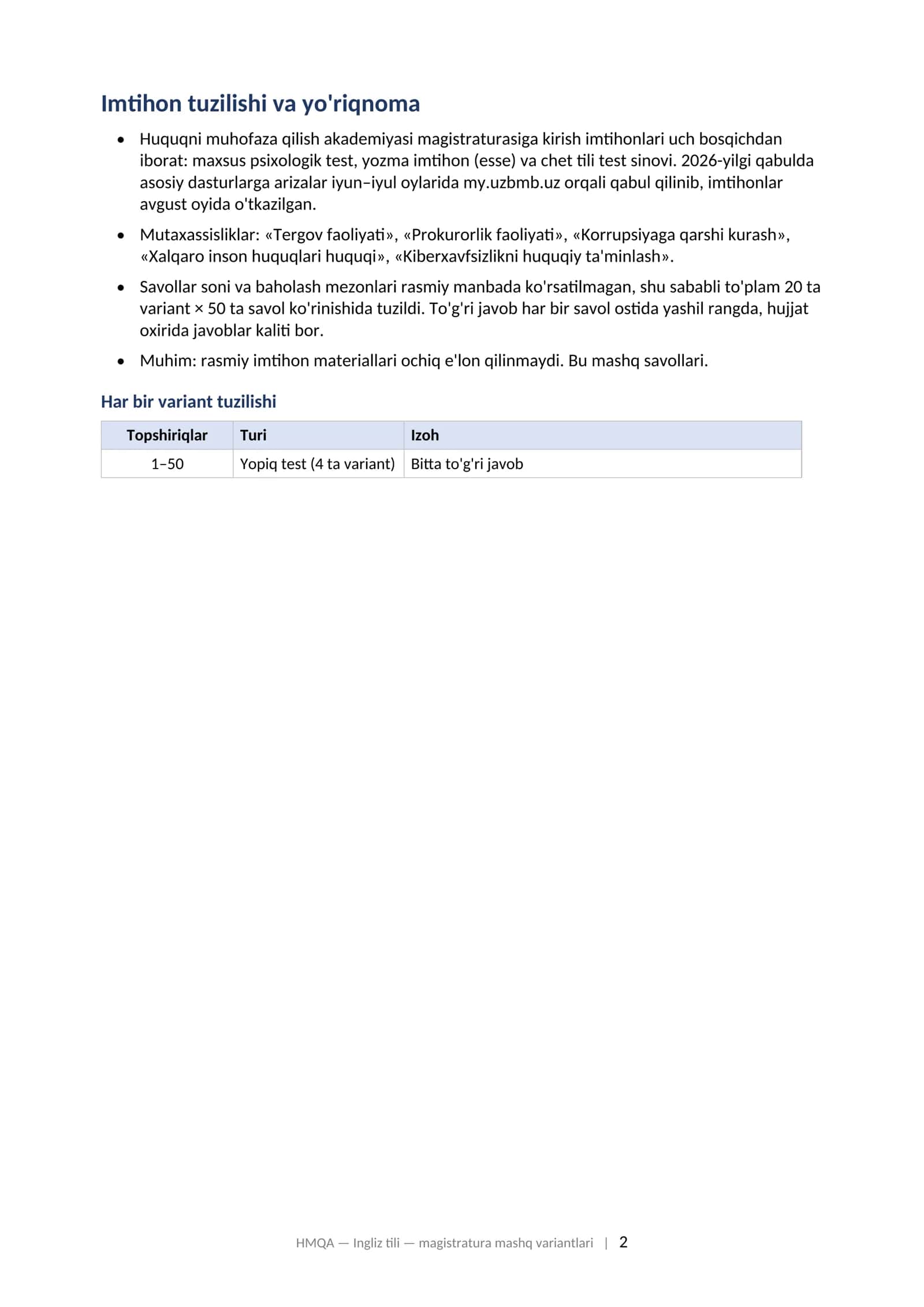 HUQUQNI MUHOFAZA QILISH AKADEMIYASI: CHET TILI (INGLIZ TILI) Magistraturaga kirish test sinoviga tayyorgarlik: variantlar to'plami (2026–2027) 2