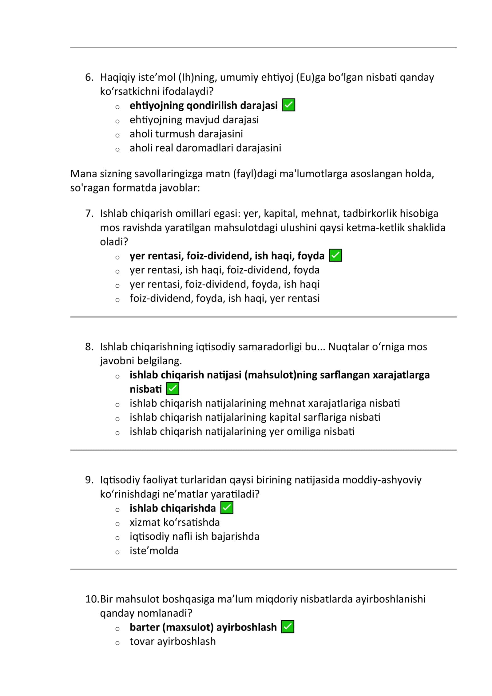 Iqtisodiyot nazariyasi test javoblari 2