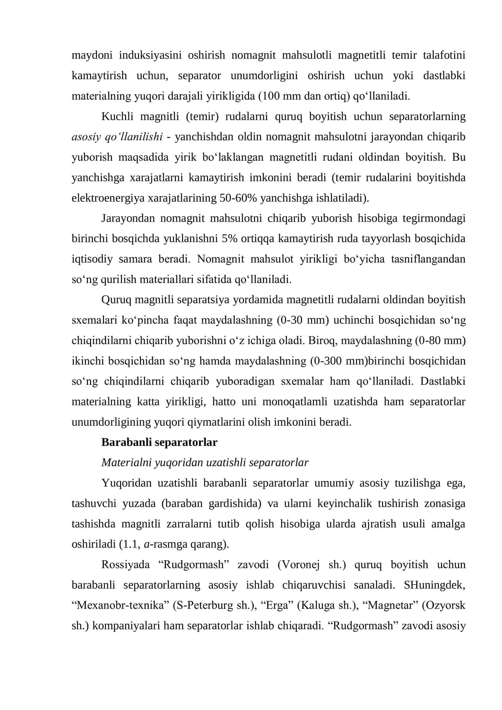 Kuchli magnit xossasiga ega rudalarni quruq usulda kuchsiz  magnit saralagichlarda boyitish 2