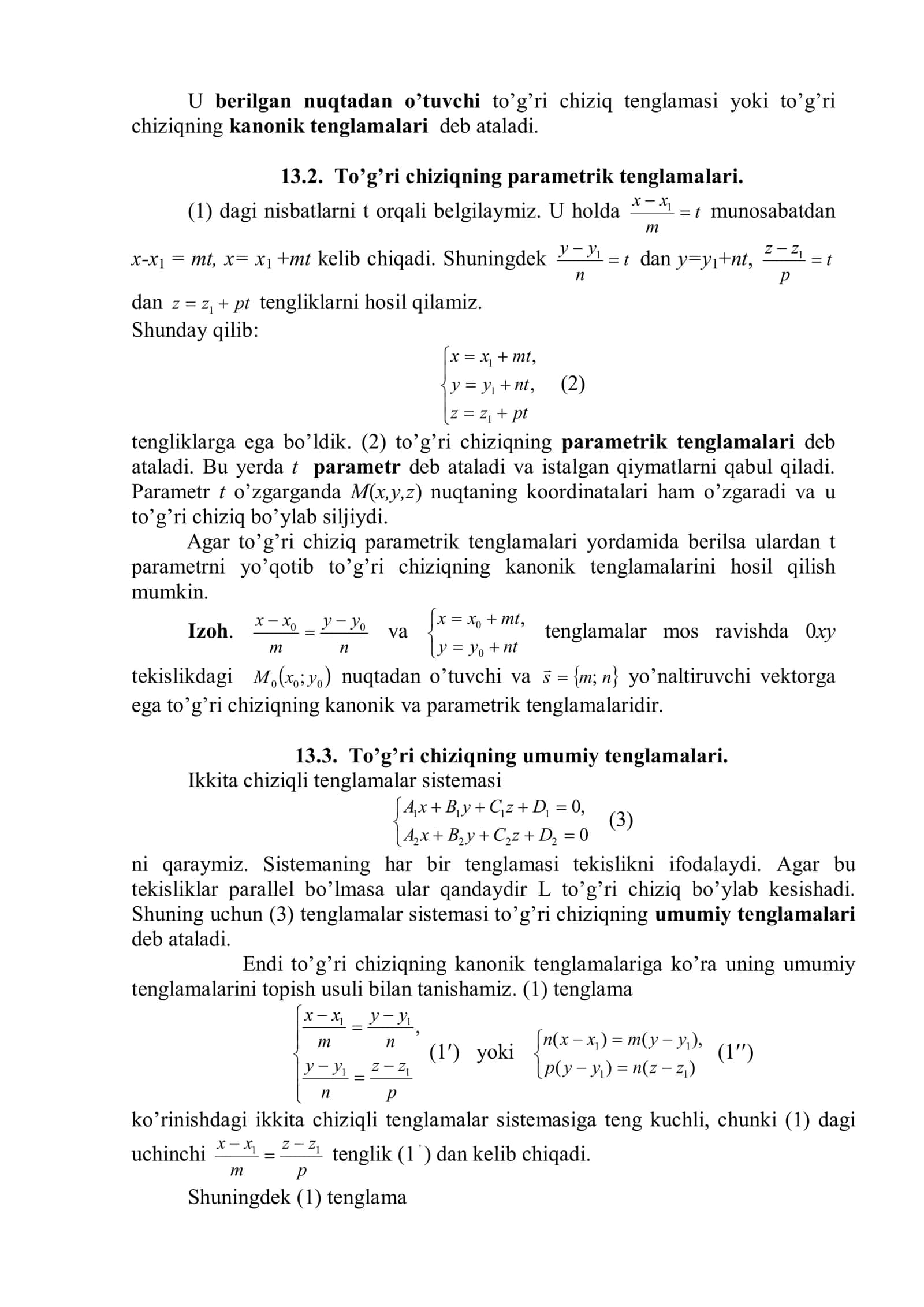 To’g’ri chiziqning kanonik tenglamalari 2