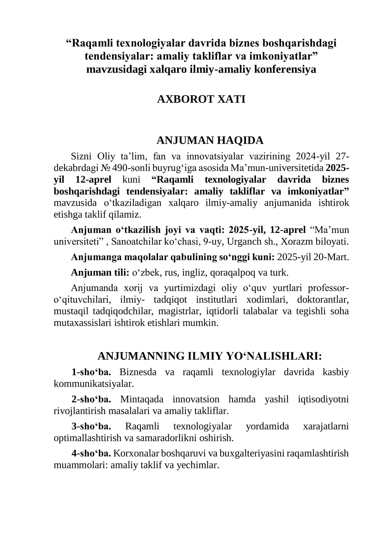 Ma’mun universitetidagi Xalqaro ilmiy-amaliy anjuman 2
