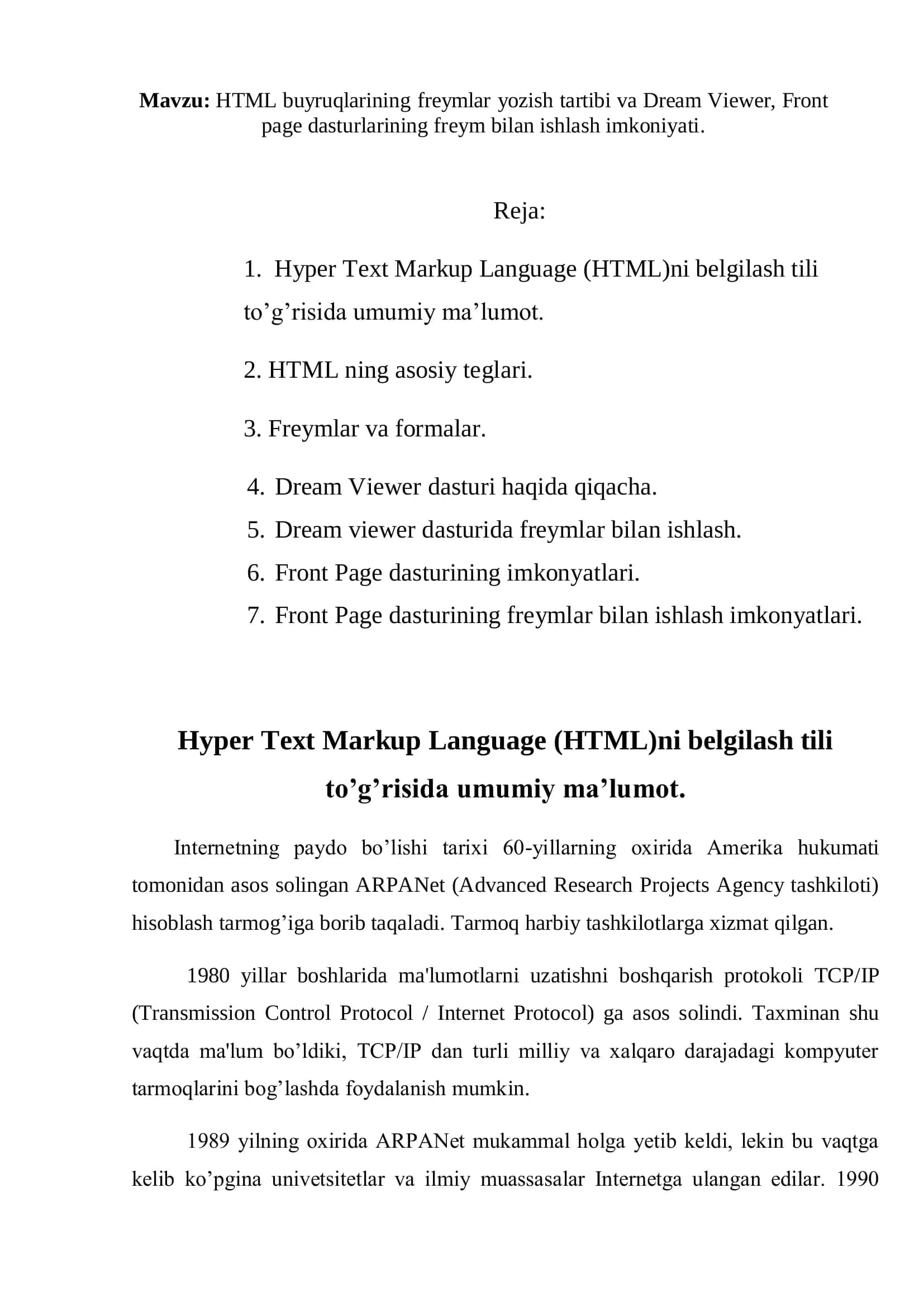 HTML Buyruqlarining Freymlar Yozish Tartibi va Dream Viewer, Front Page Dasturlarining Freym Bilan Ishlash Imkoniyati 2