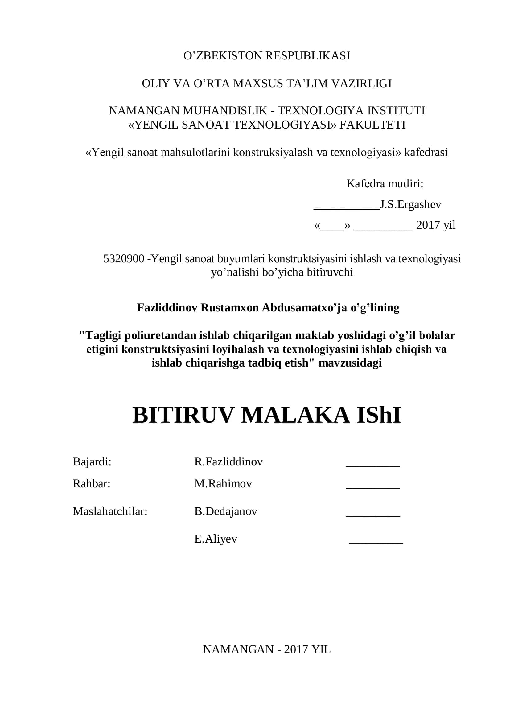 Yengil sanоat buyumlari kоnstruktsiyasini ishlash va texnоlоgiyasi yo’nalishi bo’yicha bitiruvchi 2