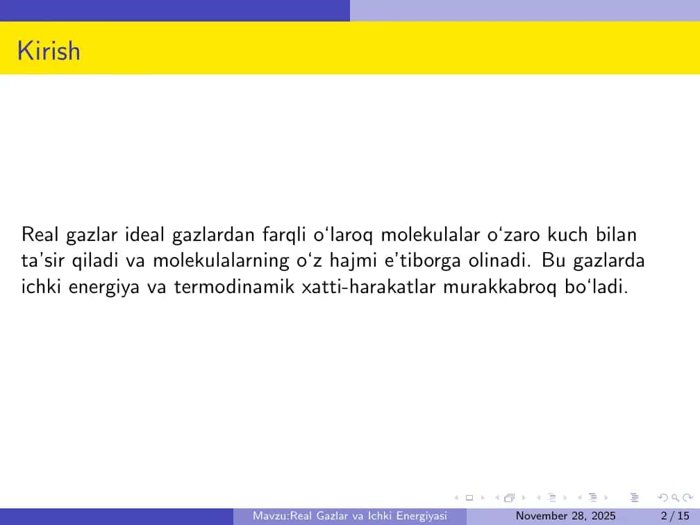Real Gazlar va Ichki Energiyasi 2