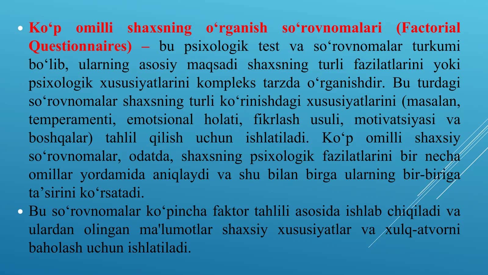 Ko’p omilli shaxsning o’rganish so’rovnomalari 2