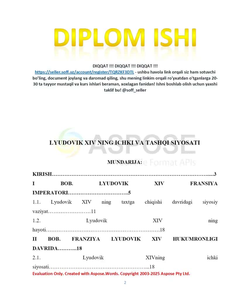 Lyudovik XIV ning ichki va tashqi siyosati (kurs ishi) 2