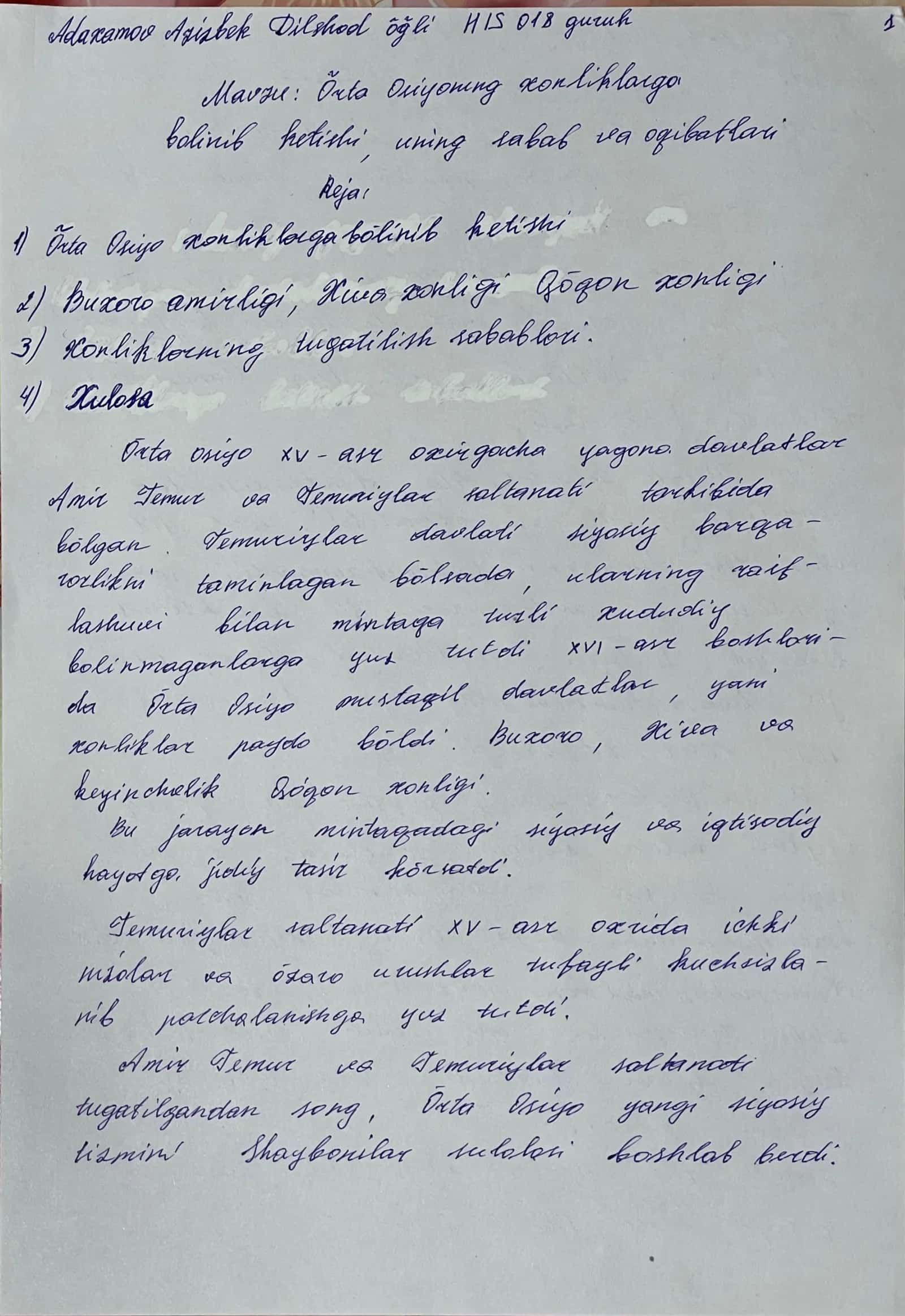 O‘rta Osiyoning xonliklarga bo‘linib ketishi, uning sabab va oqibatlari Mustaqil ish 2