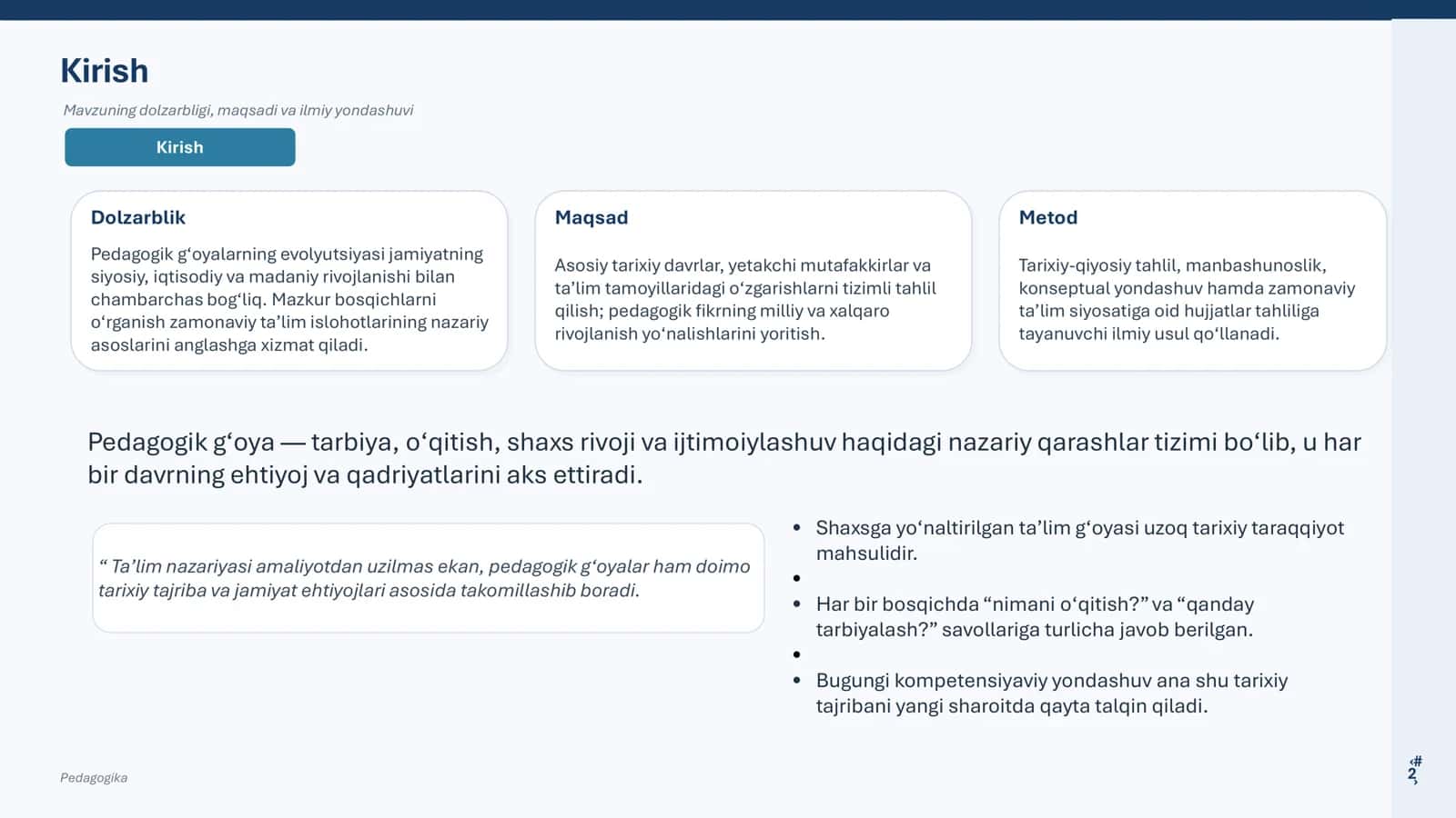 PEDAGOGIK G‘OYALARNING RIVOJLANISH BOSQICHLARI 2