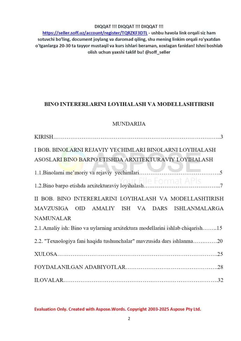 Bino intererlarini loyihalash va modellashtirish (kurs ishi) 2