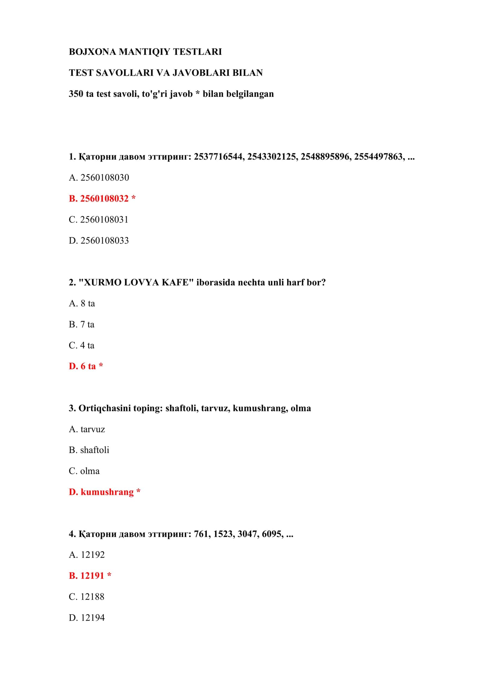 BOJXONA MANTIQIY TESTLARI 2