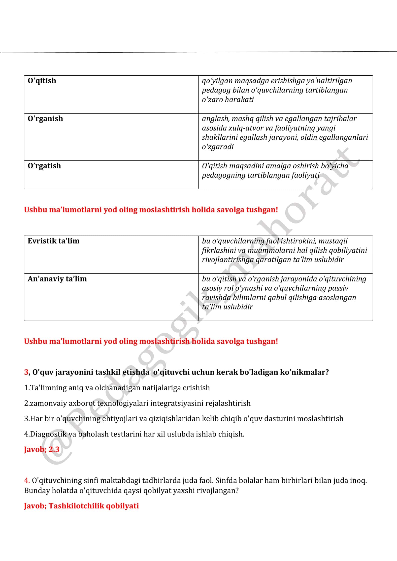 Pedagogik mahorat va kasb standarti. Attestatsiya 2
