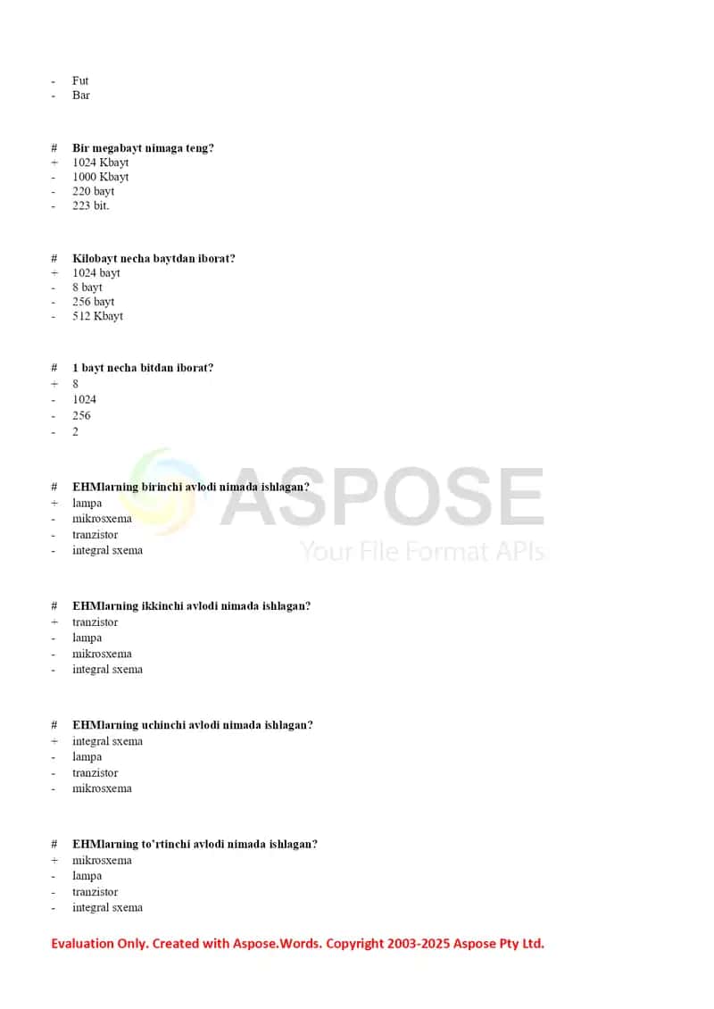 Axborot texnologiyalari bo‘yicha test savollari 2