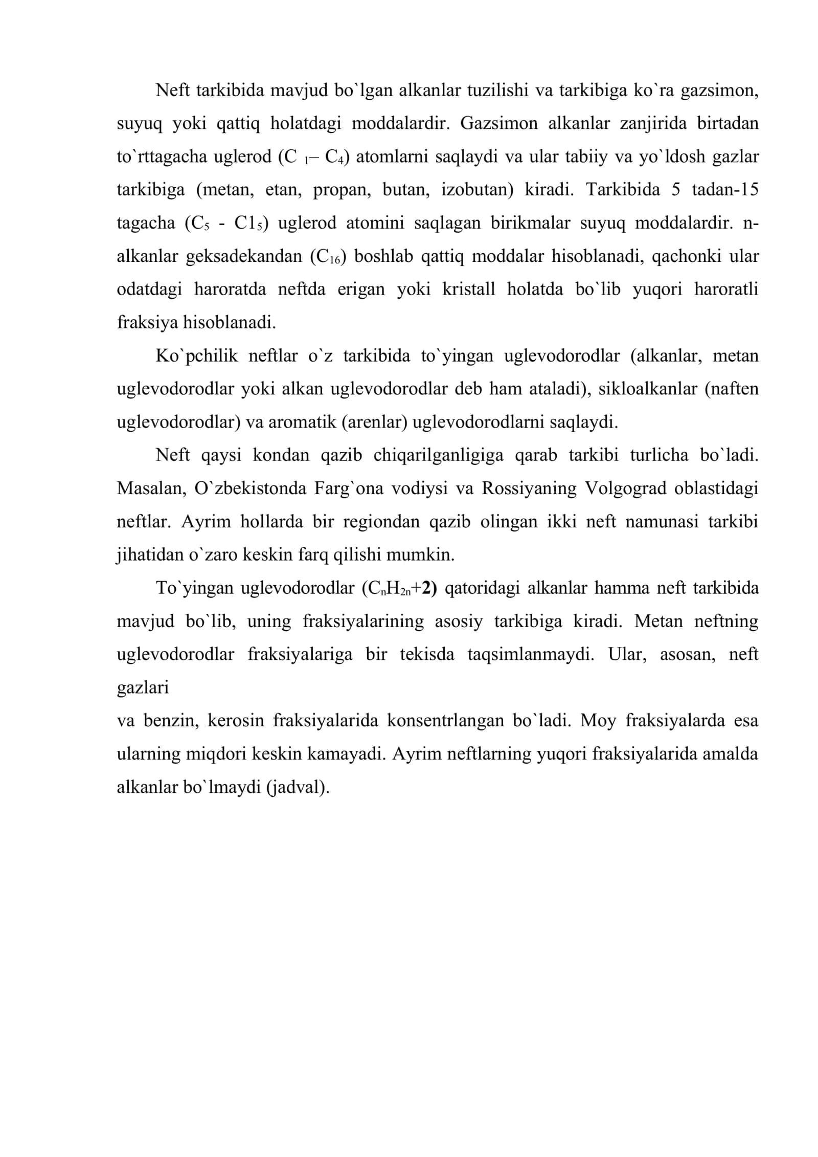Neft va yo`ldosh gazlardagi alkanlarning miqdori 2