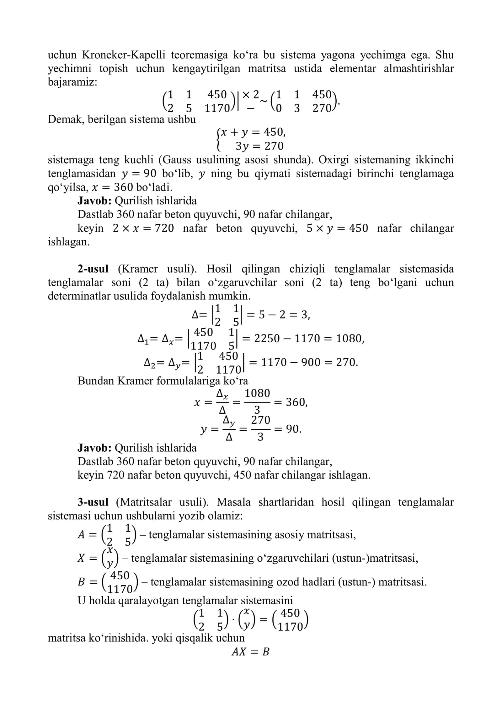 Chiziqli algebraik tenglamalar sistemalariga oid masalalar I 2