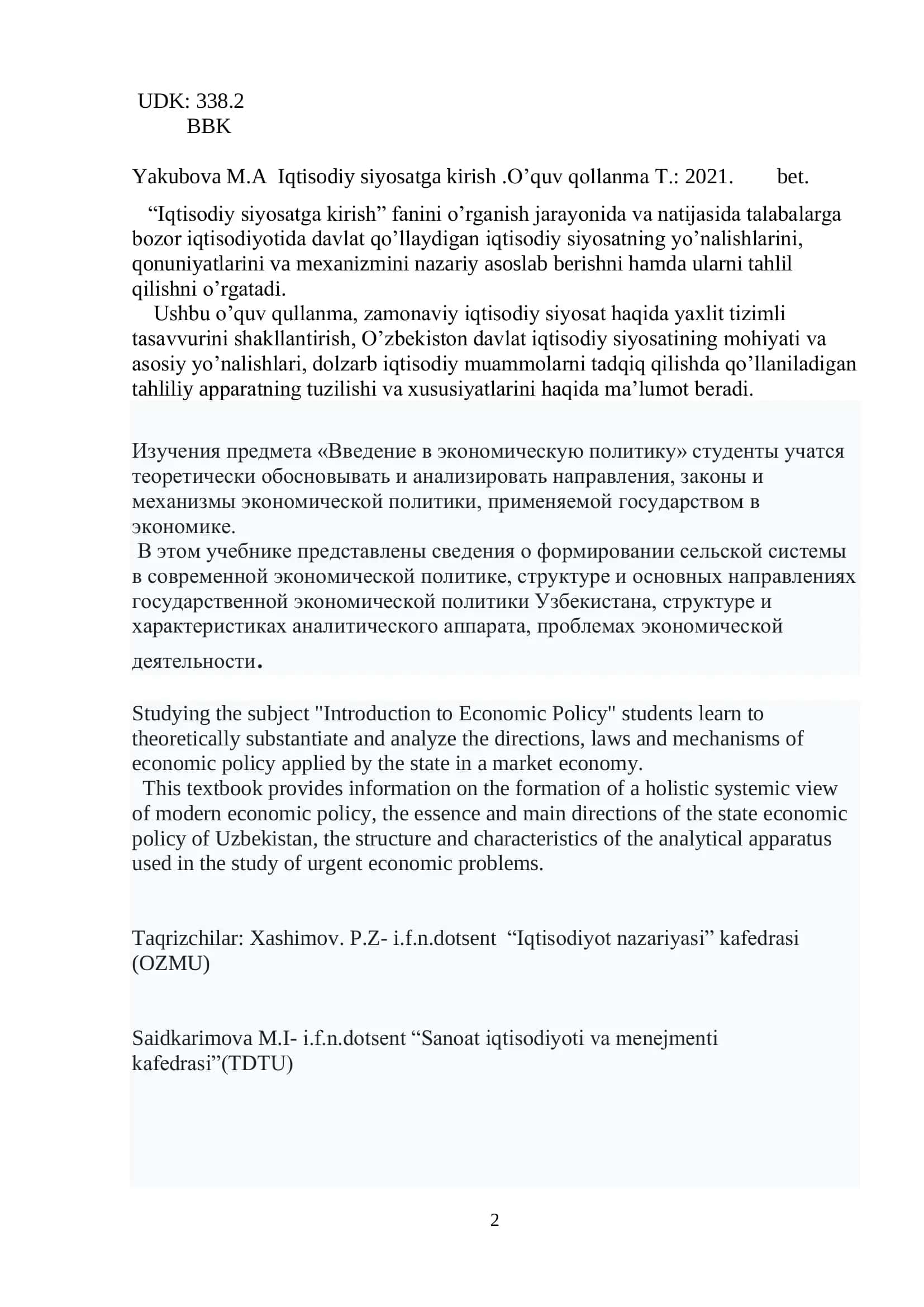 Iqtisodiy siyosatga kirish 2