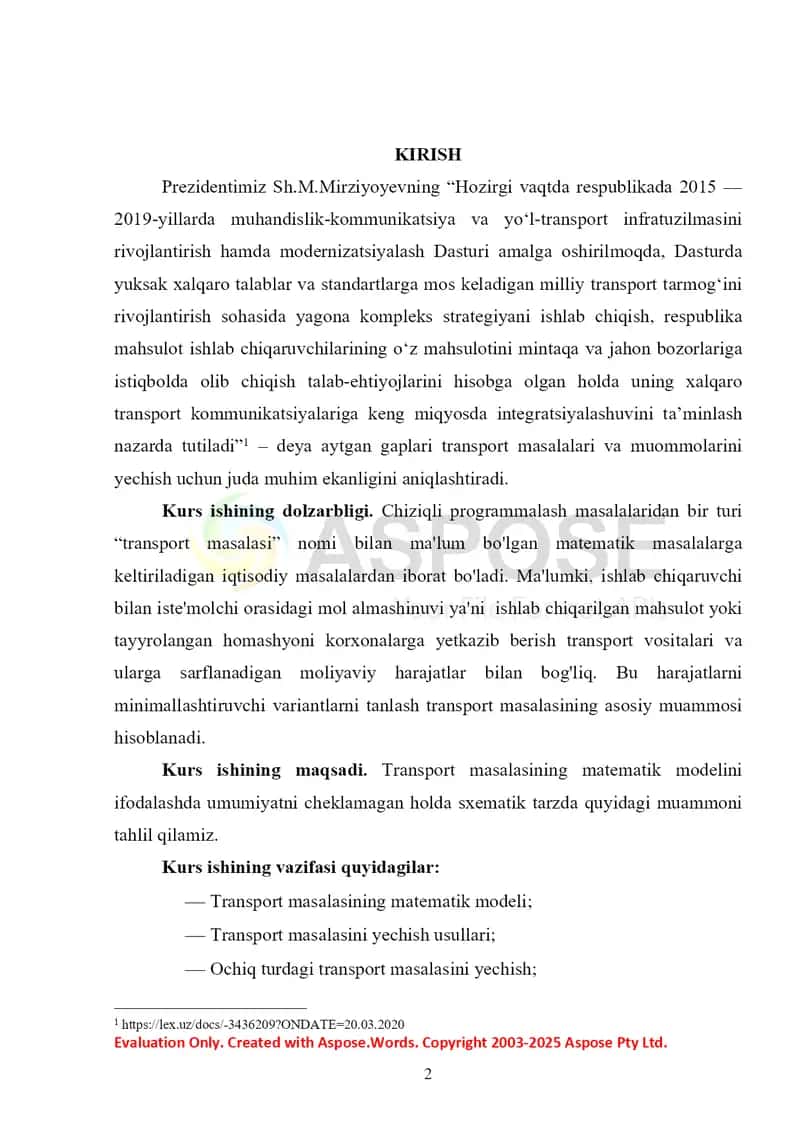 Transport masalasini modellashtirish 2
