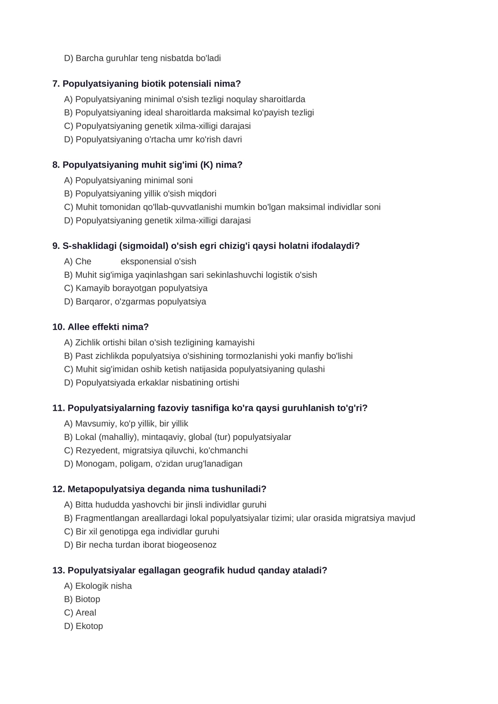 Ekologiya fani bo'yicha nazorat testi 2