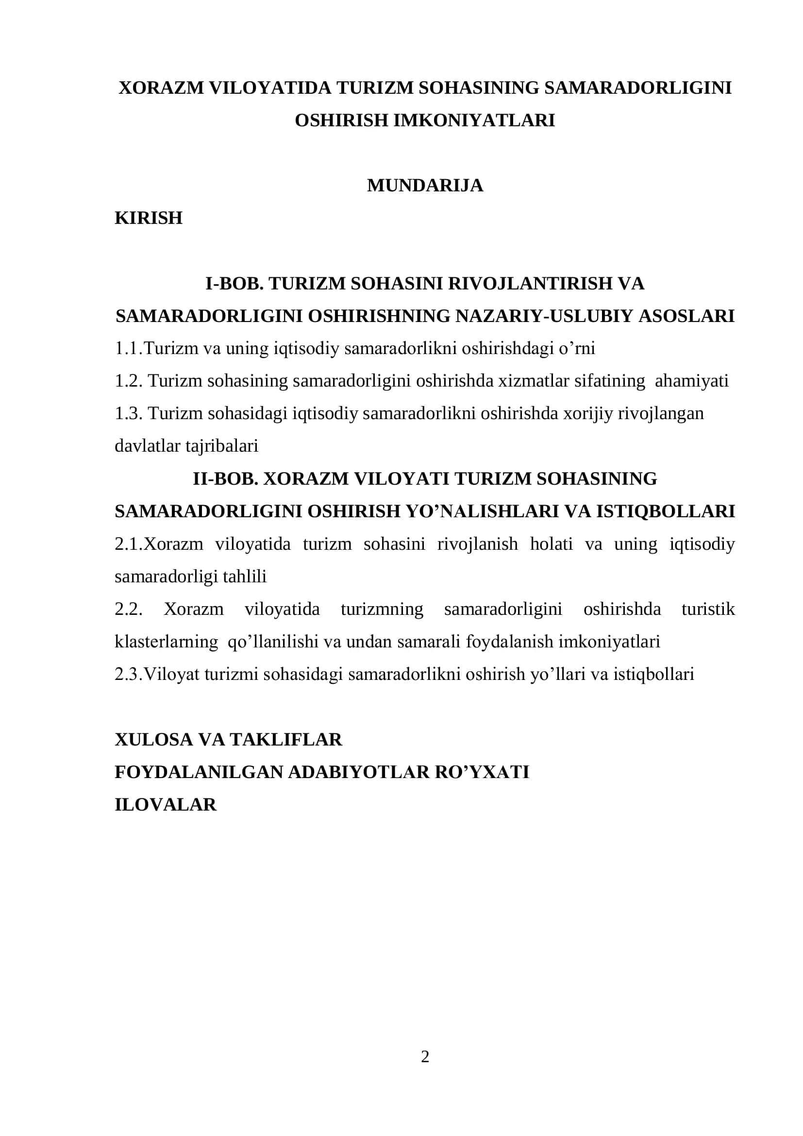 Turizm sohasining samaradorligini oshirish imkoniyatlari 2