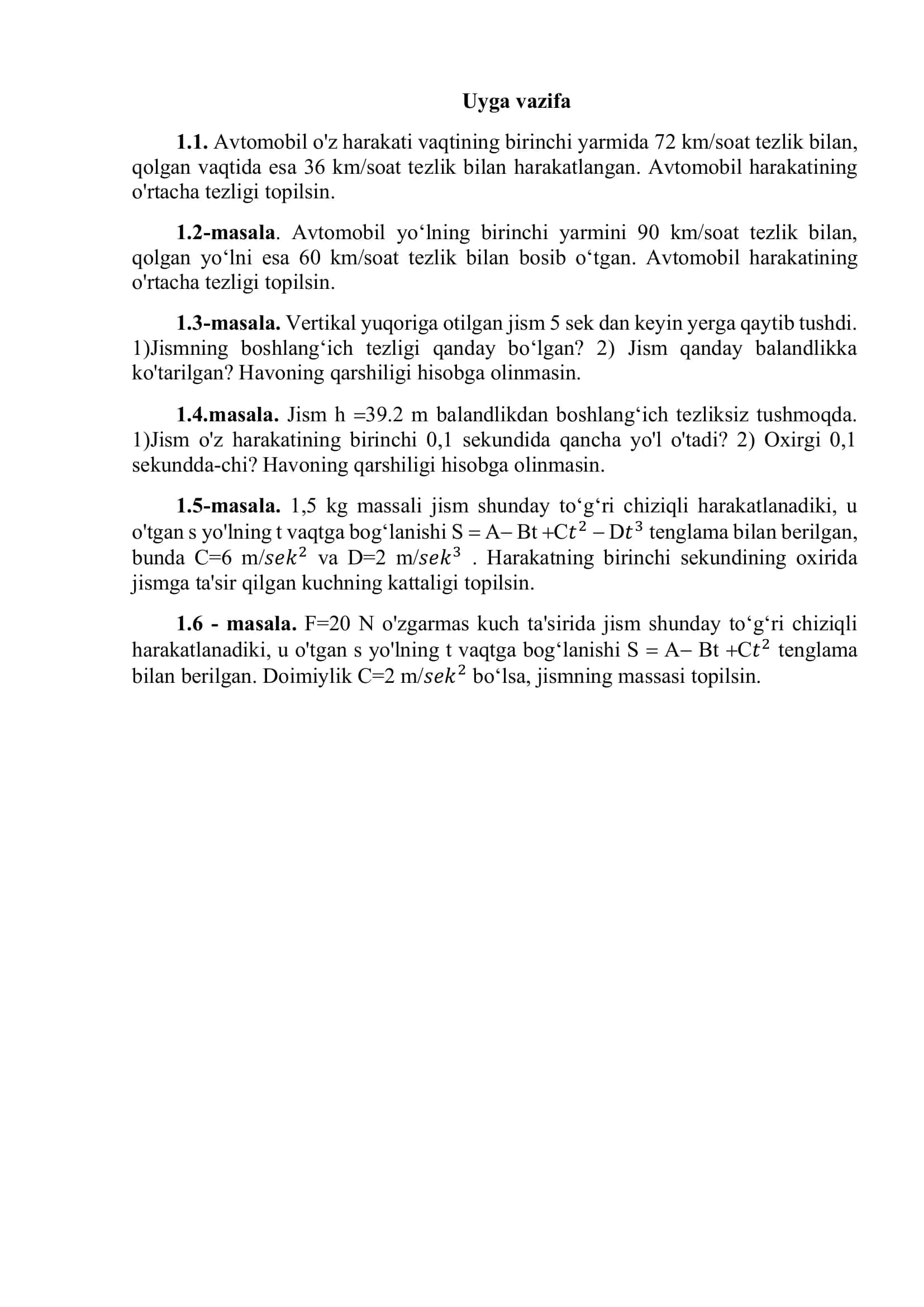 Kinematika va dinamika masalalar 2
