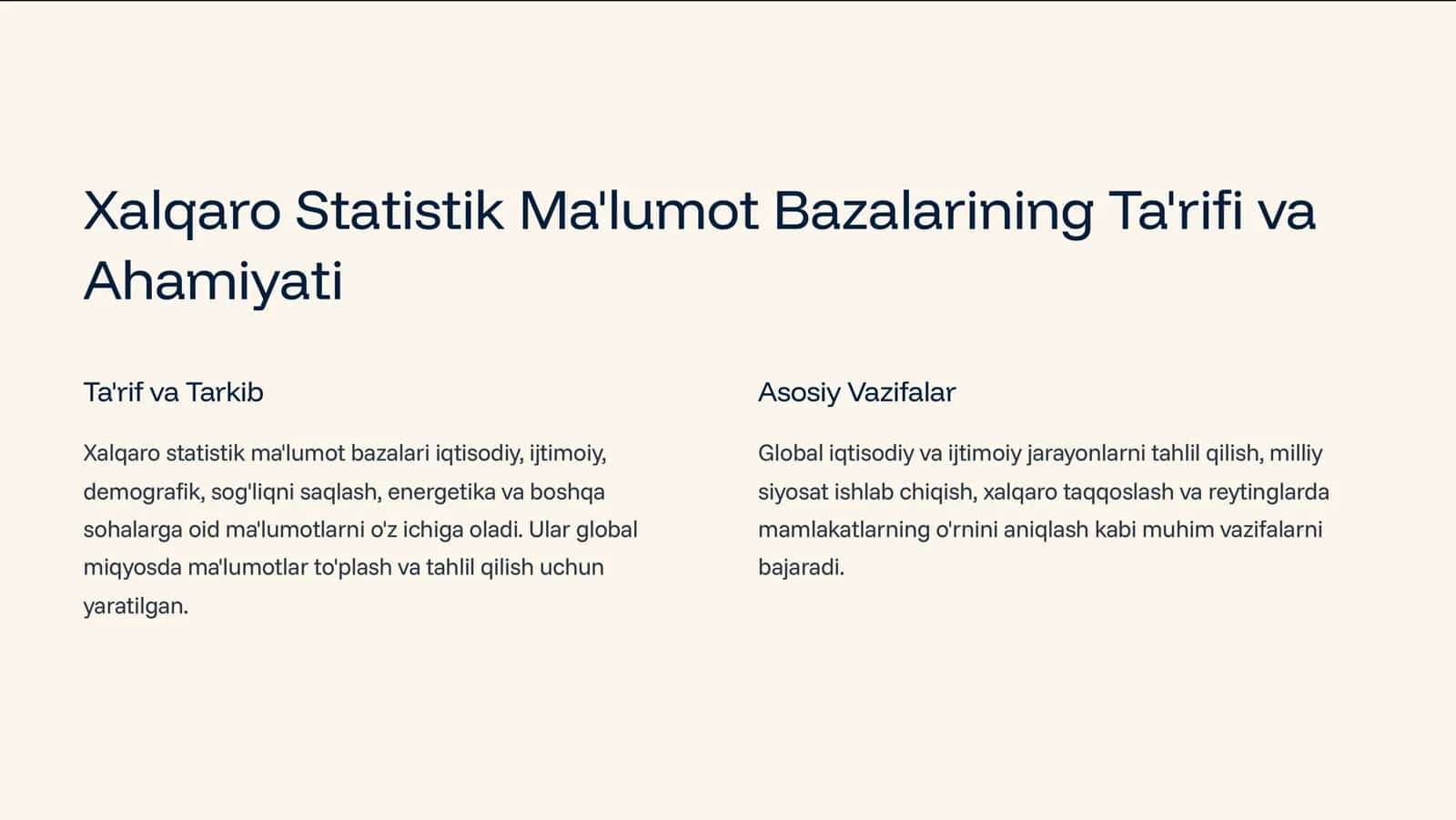 Xalqaro Statistik Ma'lumot Bazalari 2