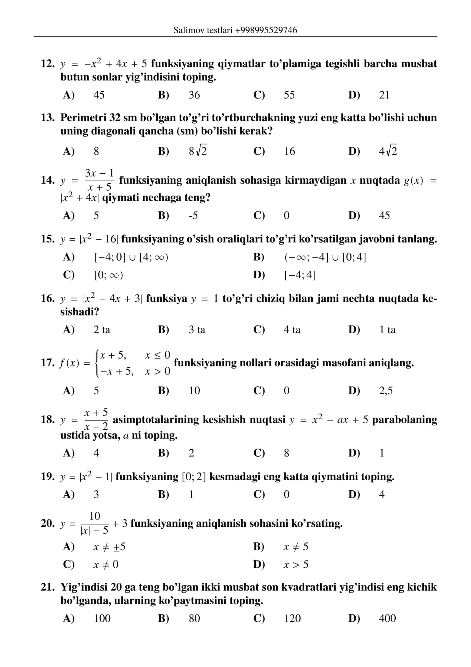 Matematika testlar 2