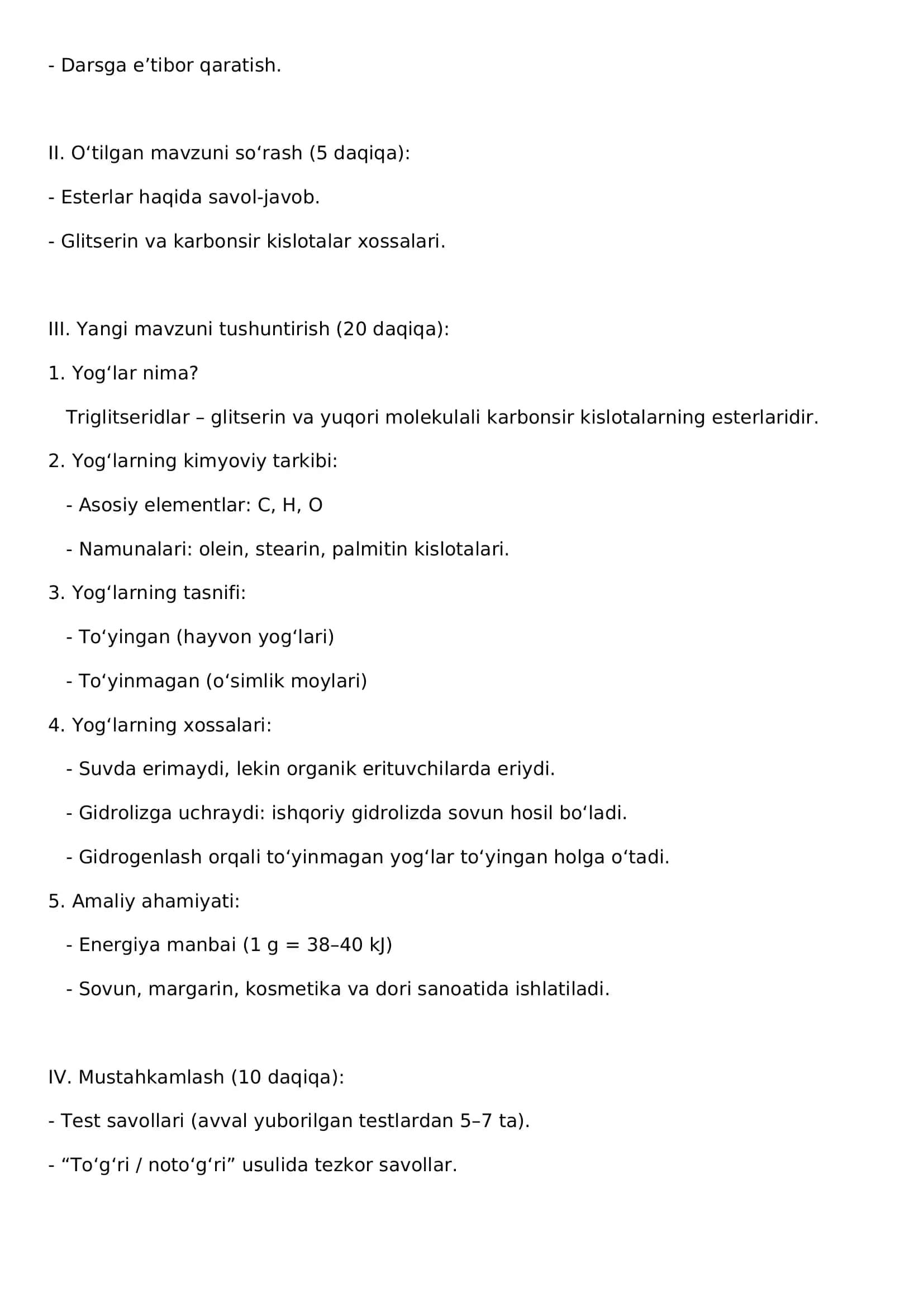 10-sinf Kimyo: Yogʻlar Mavzusi Bo'yicha Dars Ishlanma 2