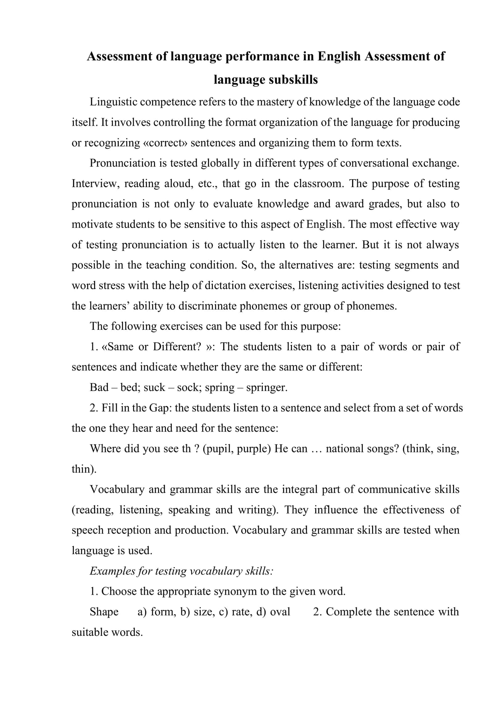 Assessment of vocabulary and grammar 2