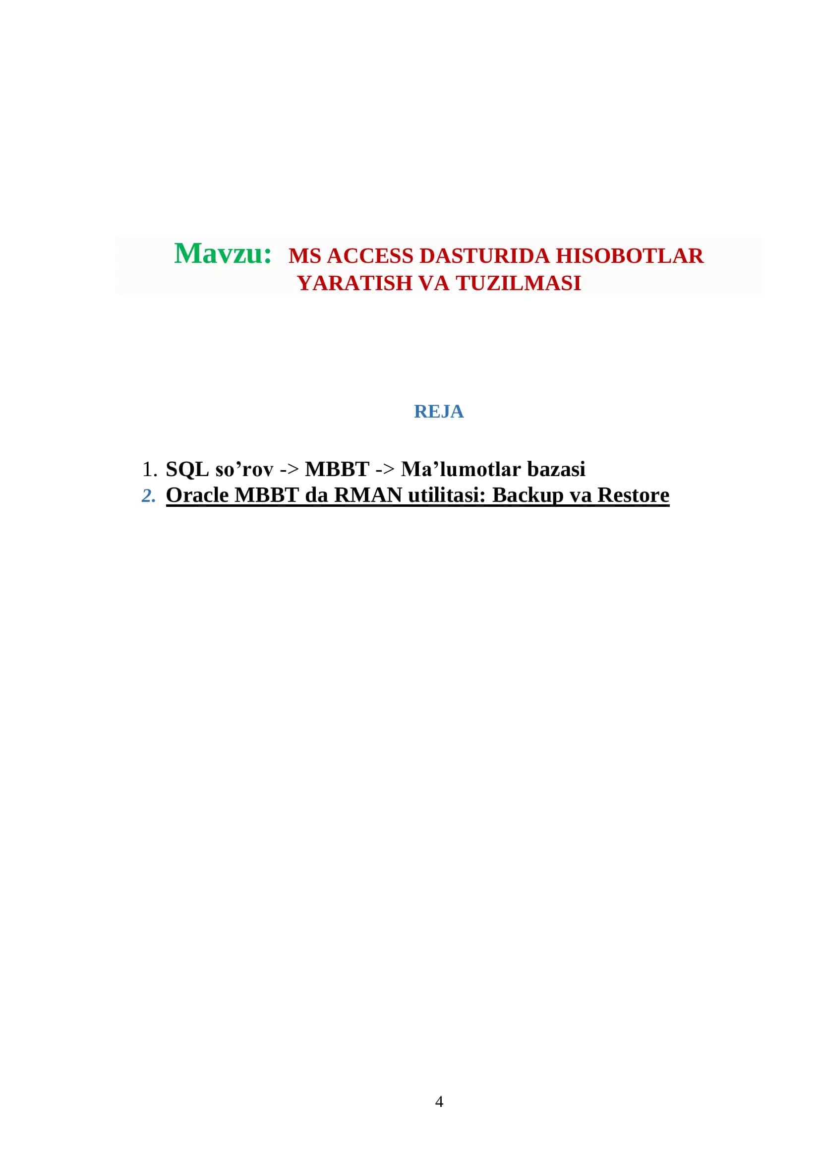 MS ACCESS DASTURIDA HISOBOTLAR YARATISH VA TUZILMASI 2