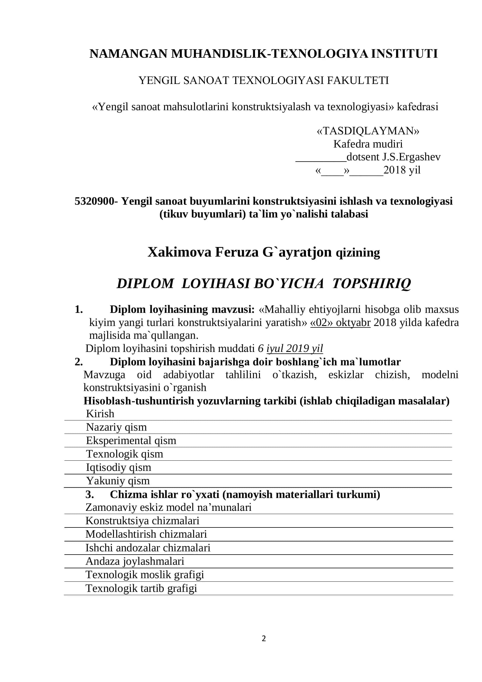 Yengil sanoat buyumlarini konstruktsiyasini ishlash va texnologiyasi (tikuv buyumlari) bakalavriat ta`lim yo`nalishi bo`yicha bitiruvchi 2