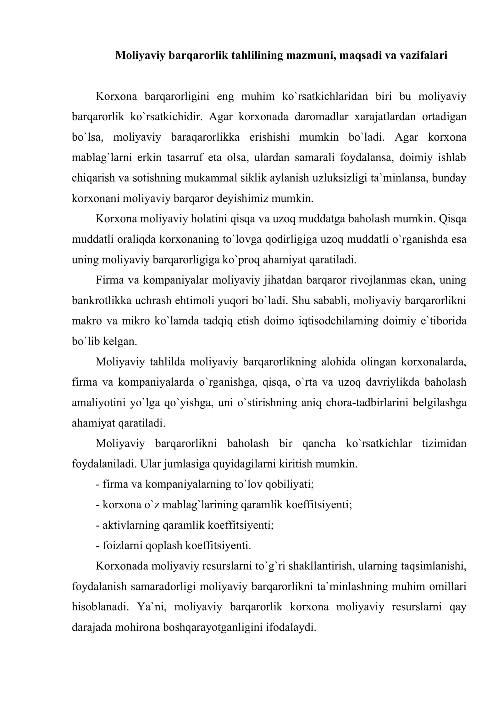 Moliyaviy barqarorlik tahlili 2