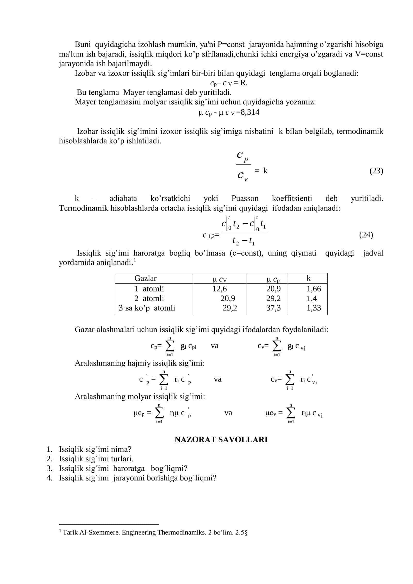 IDEAL GAZLARNING ISSIQLIK SIG’IMI. MAYER TENGLAMASI 2