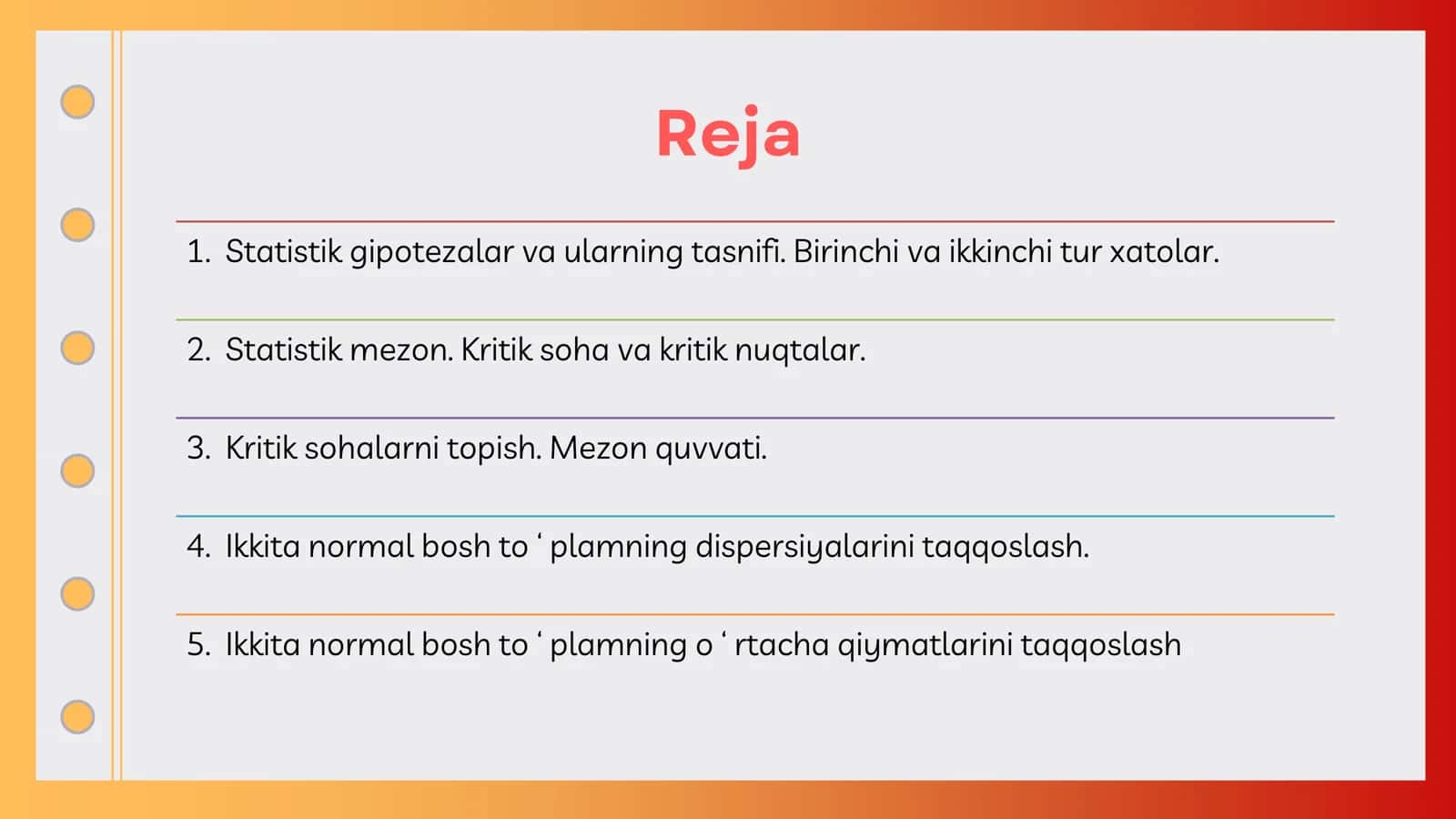 Statistik gipotezalar va ularning tasnifi. Statistik mezon 2