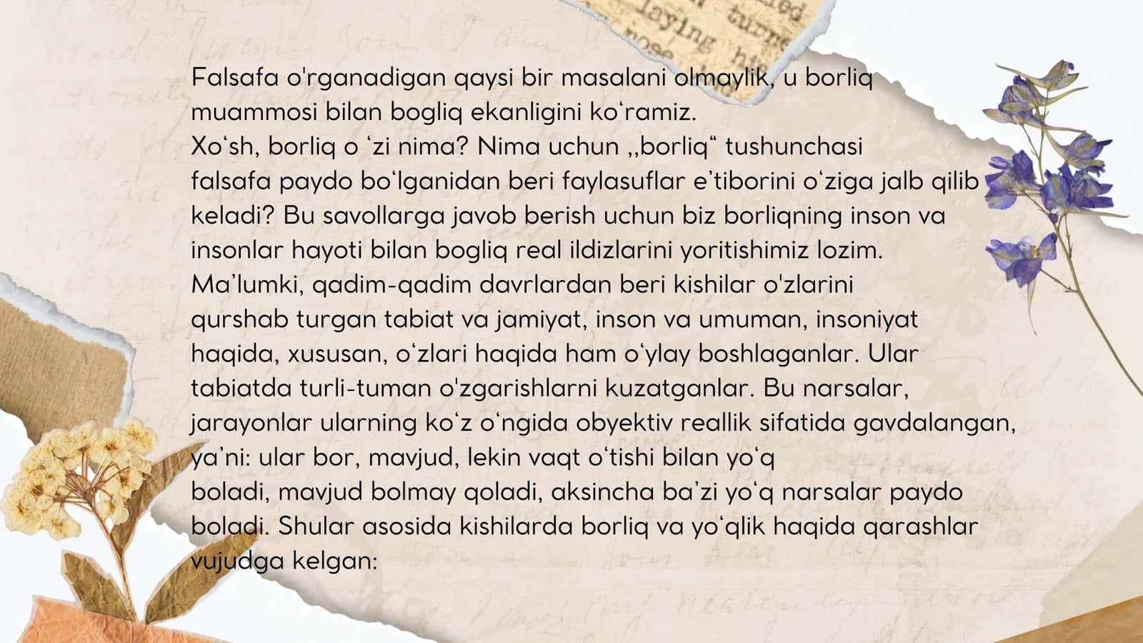 Falsafa o'rganish borliqligi 2