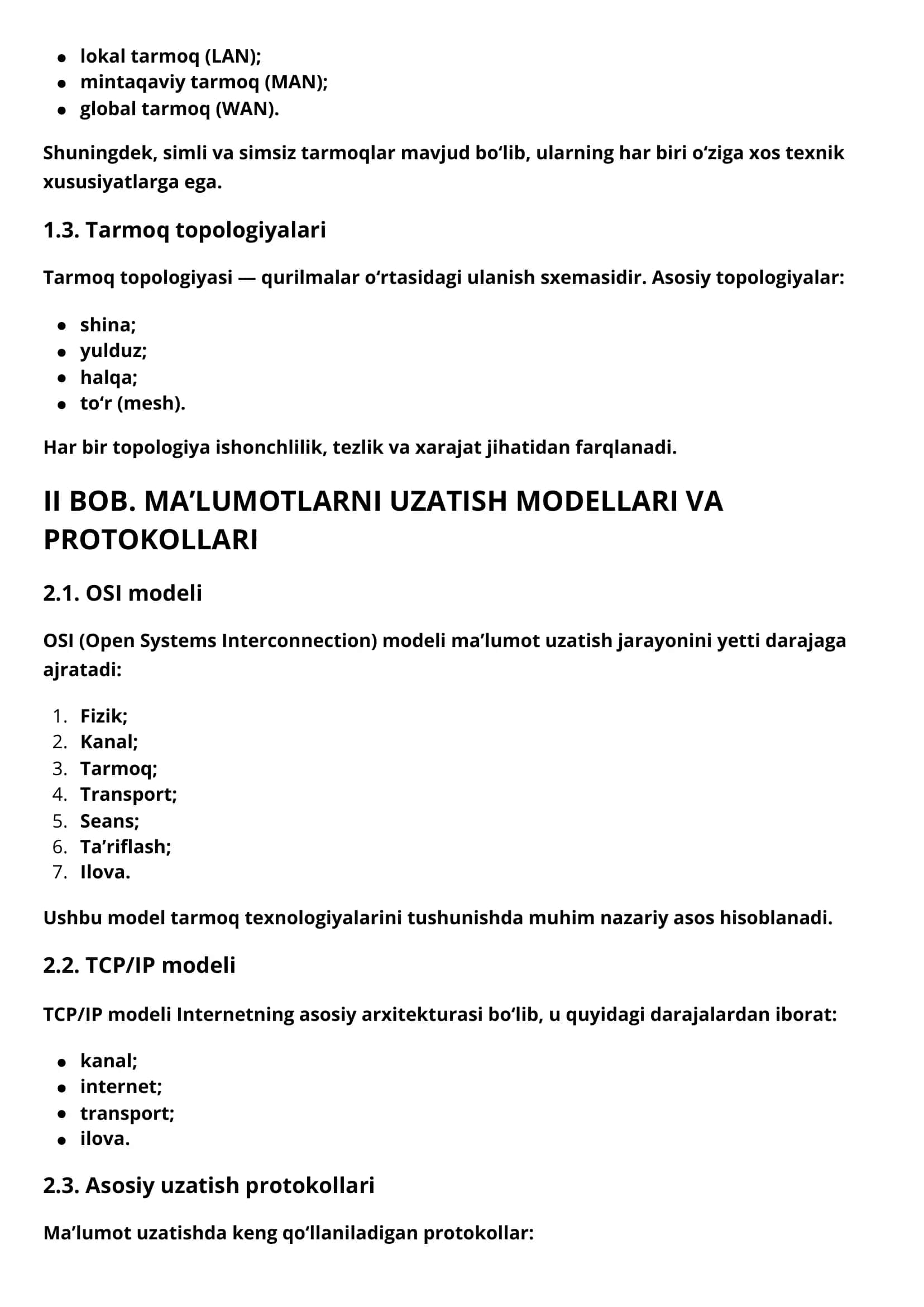 KOMPYUTER TARMOQLARI VA MA’LUMOTLARNI UZATISH PROTOKOLLARI ASOSLARI 2