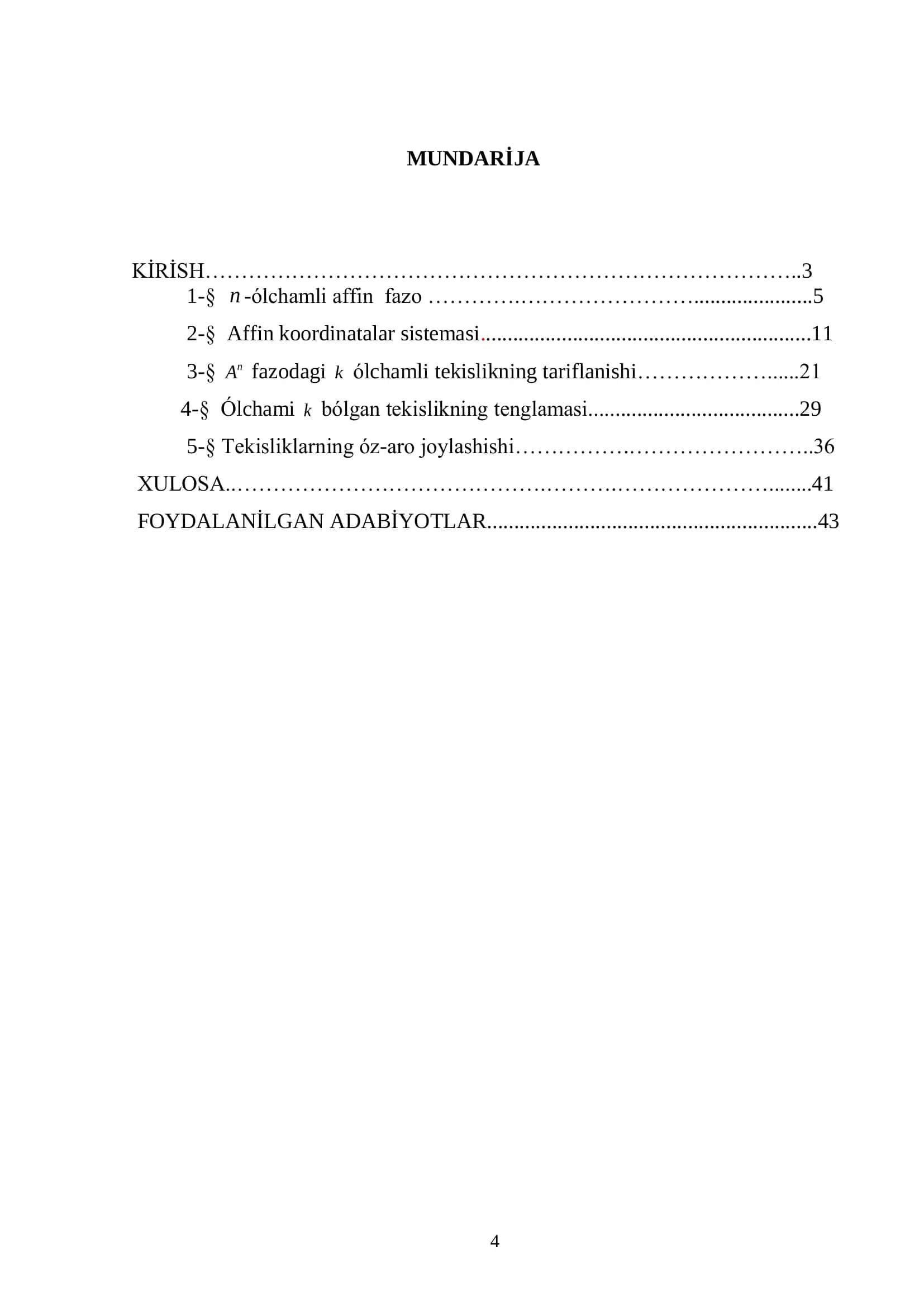 « n ólchamli affin fazosida k ólchamli tekisliklar» 2