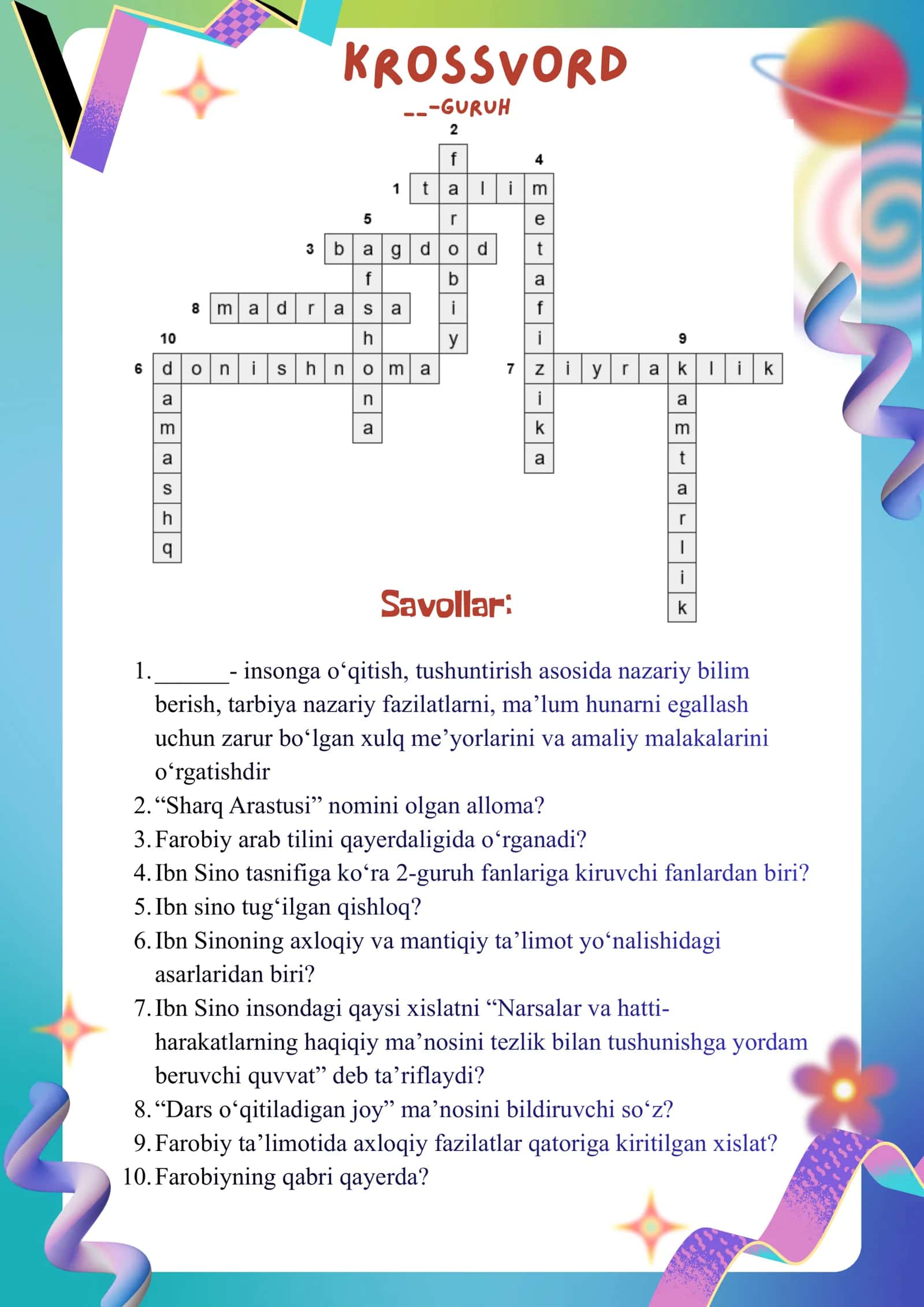 Umumiy pedagogika(pedagogika tarixi) fanidan krassvord javoblari bilan 2