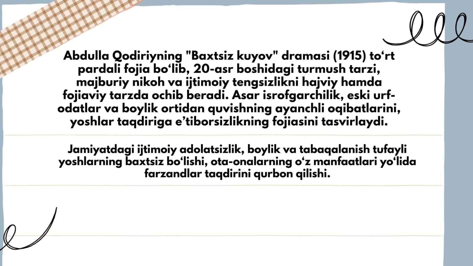 Abdulla Qodiriyning "Baxtsiz kuyov" dramasi 2
