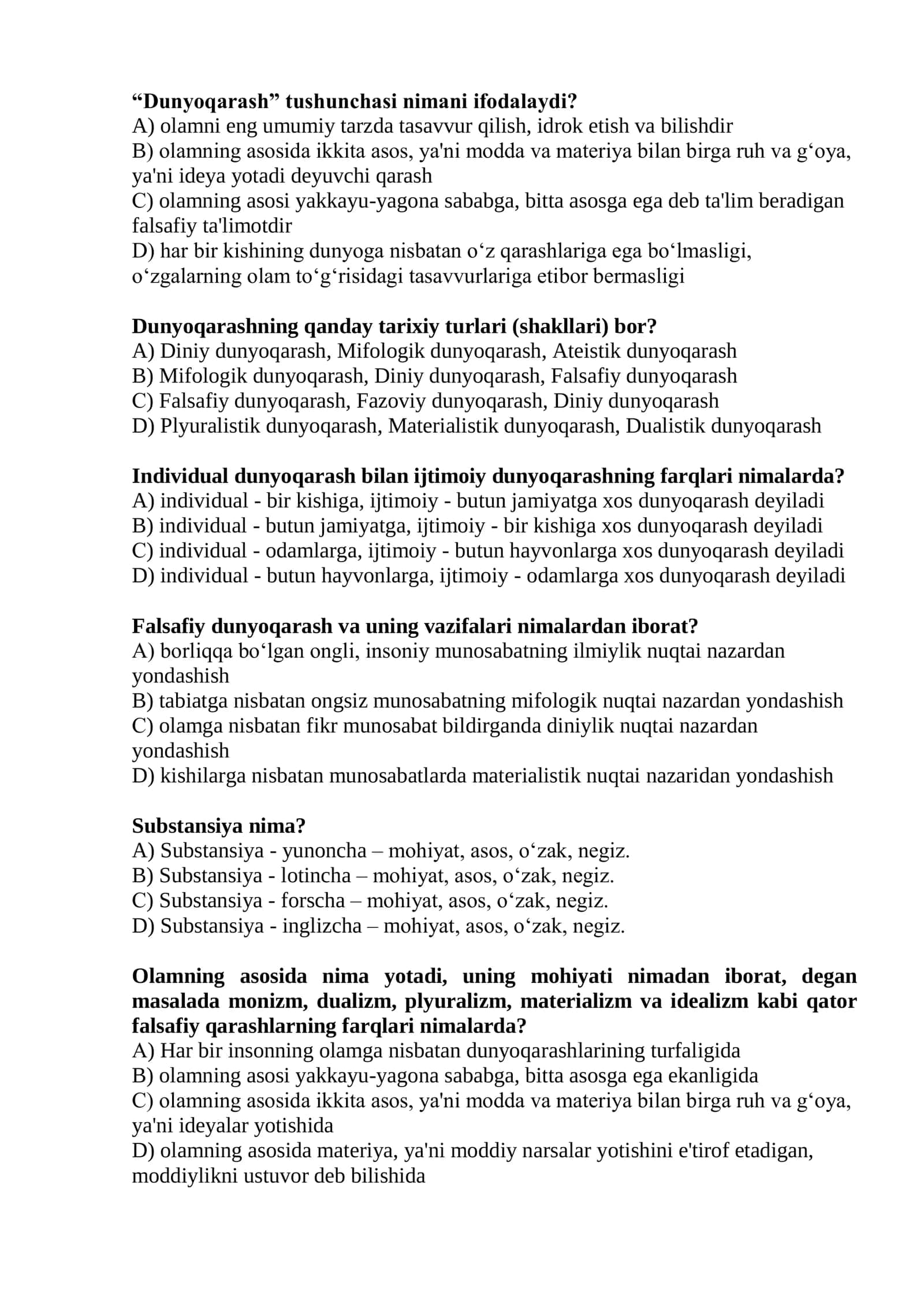 Falsafa fanidan testlar 2