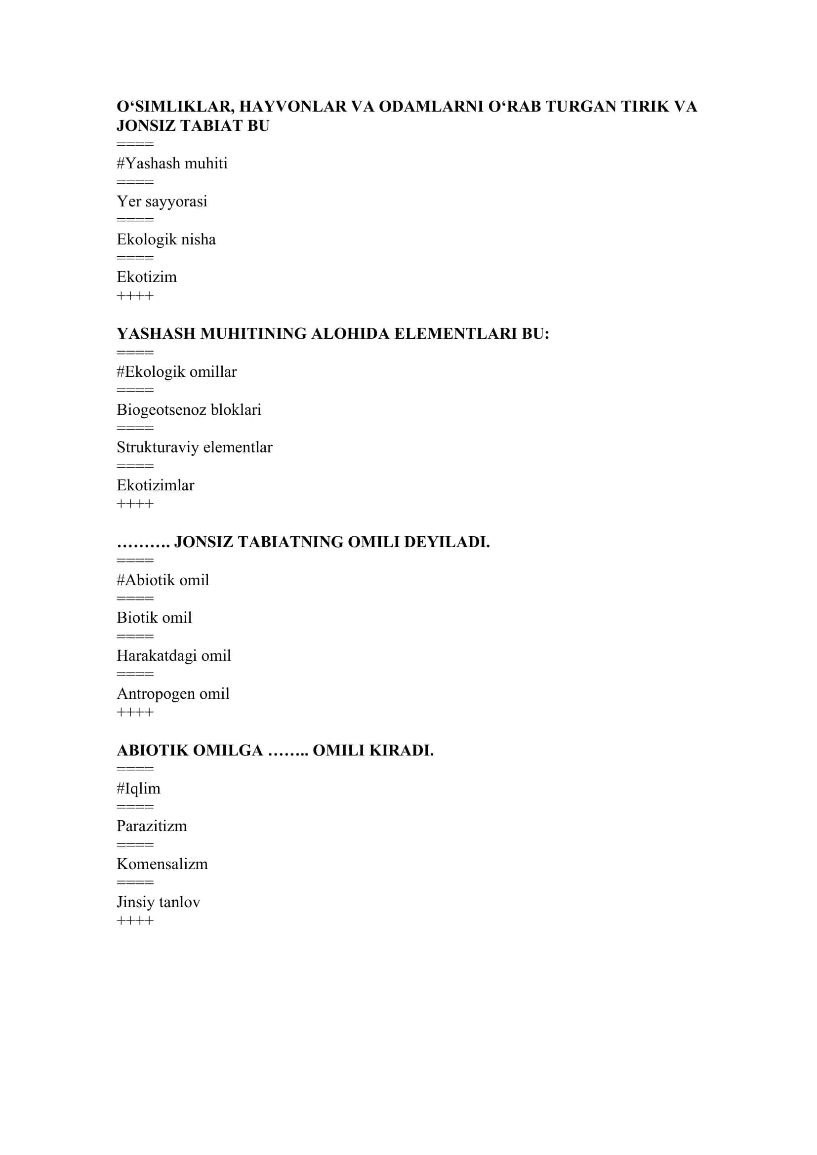 Ekologiya fanidan test savollari 2