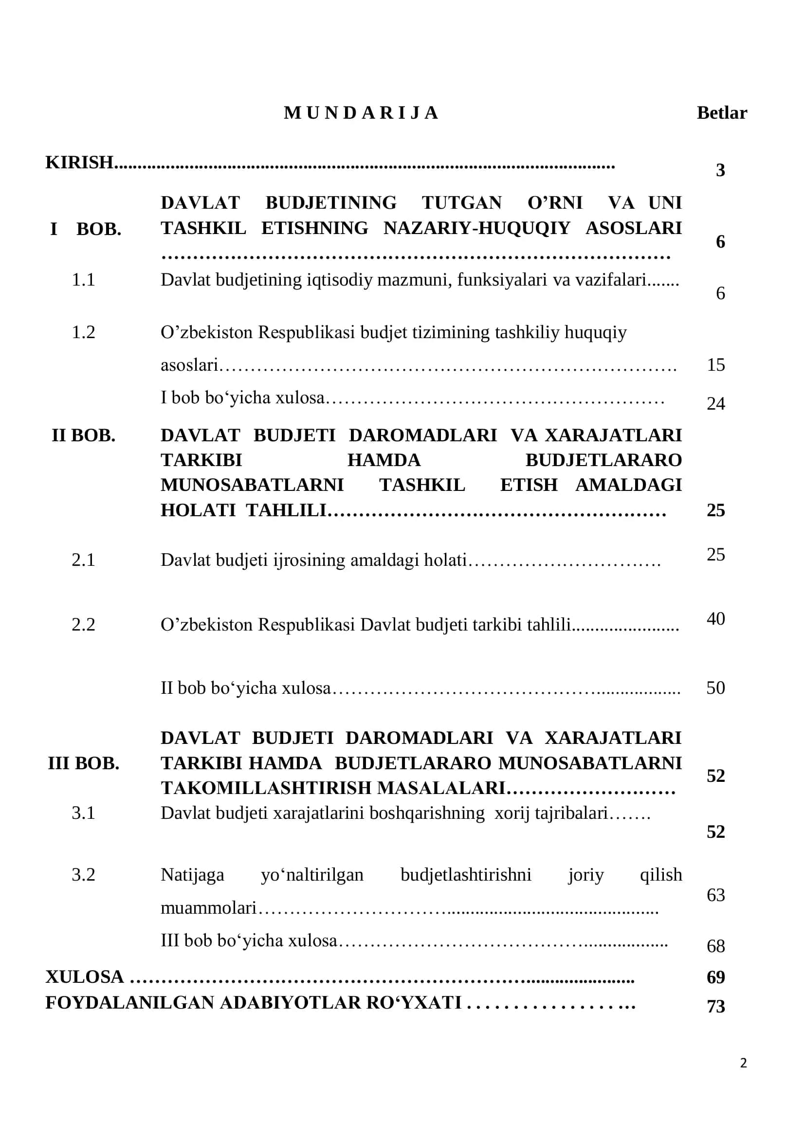 O‘ZBEKISTON RESPUBLIKASI OLIY VA O‘RTA MAXSUS TA’LIM VAZIRLIGI TOSHKENT MOLIYA INSTITUTI MOLIYA-IQTISOD FAKULTETI “MOLIYA” KAFEDRASI 2