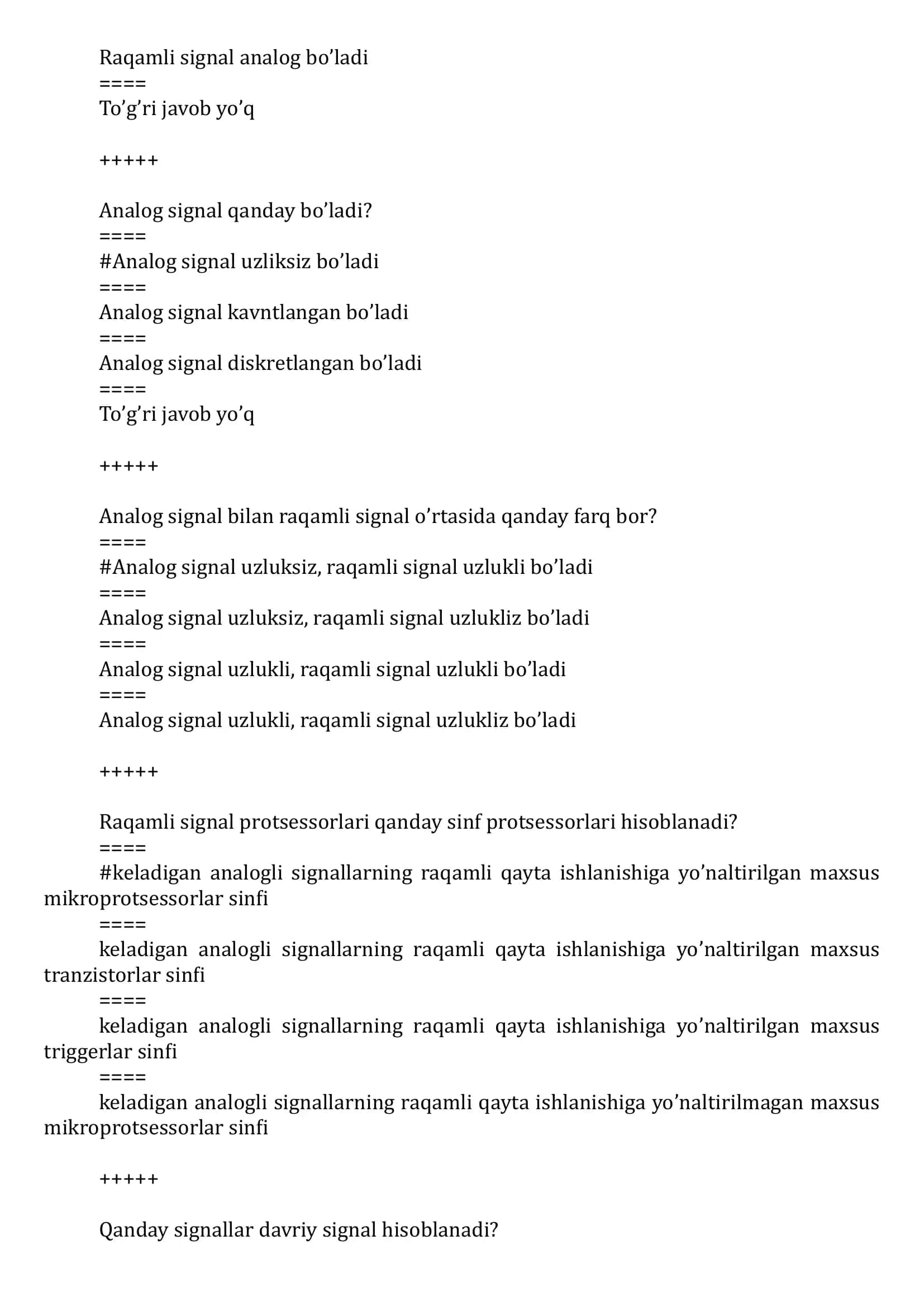 Signallarni qayta ishlash test savollari javoblari 2