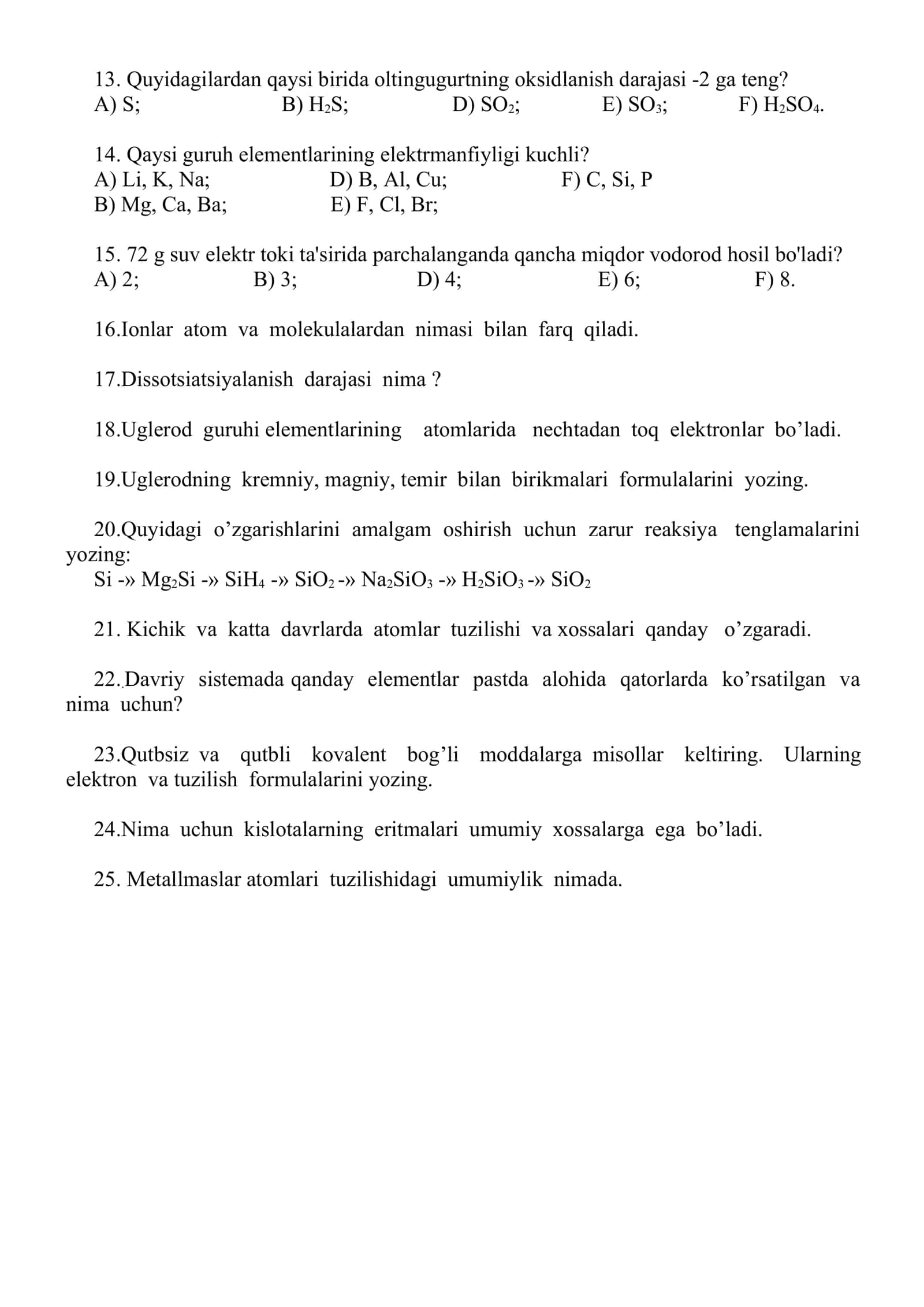 kimyo fanidan 9 sinf uchun testlar 2
