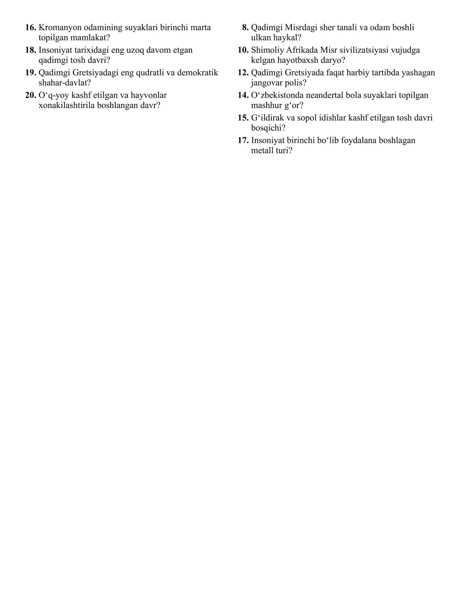 Qadimgi dunyo tarixi 1 krossvord 2