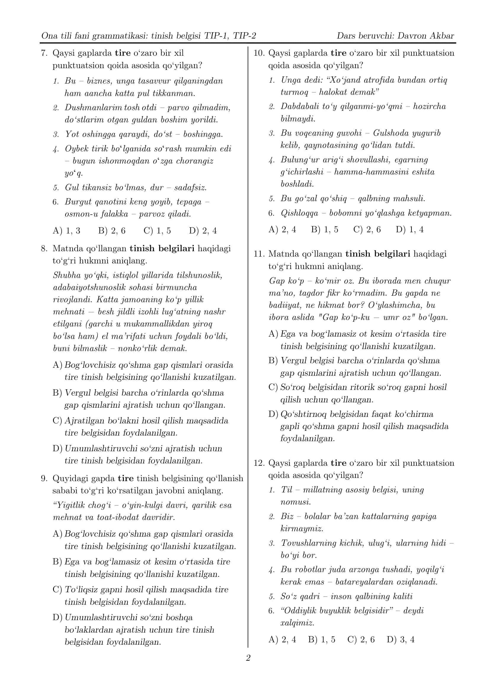 Ona Tili Grammatikasi Avgust imtihoni (tinish belgilari) 2