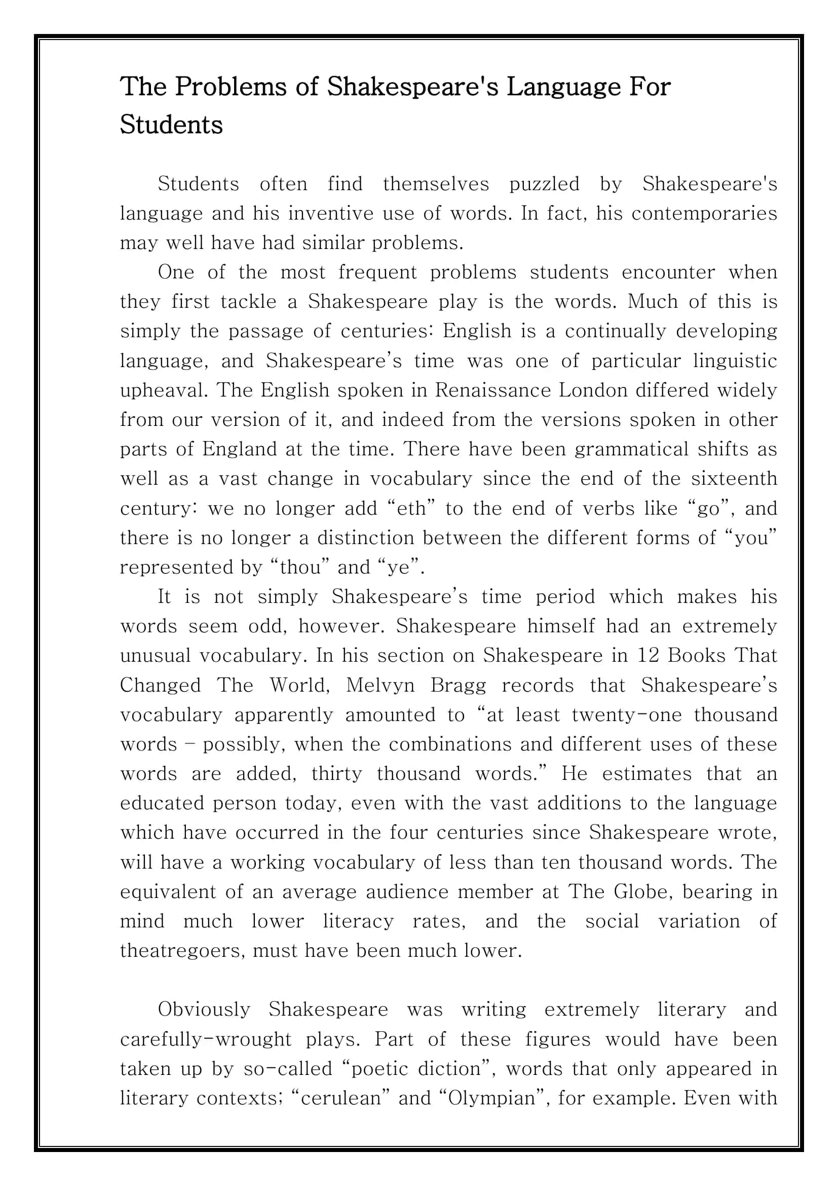 The Problems of Shakespeare's Language For Students 2