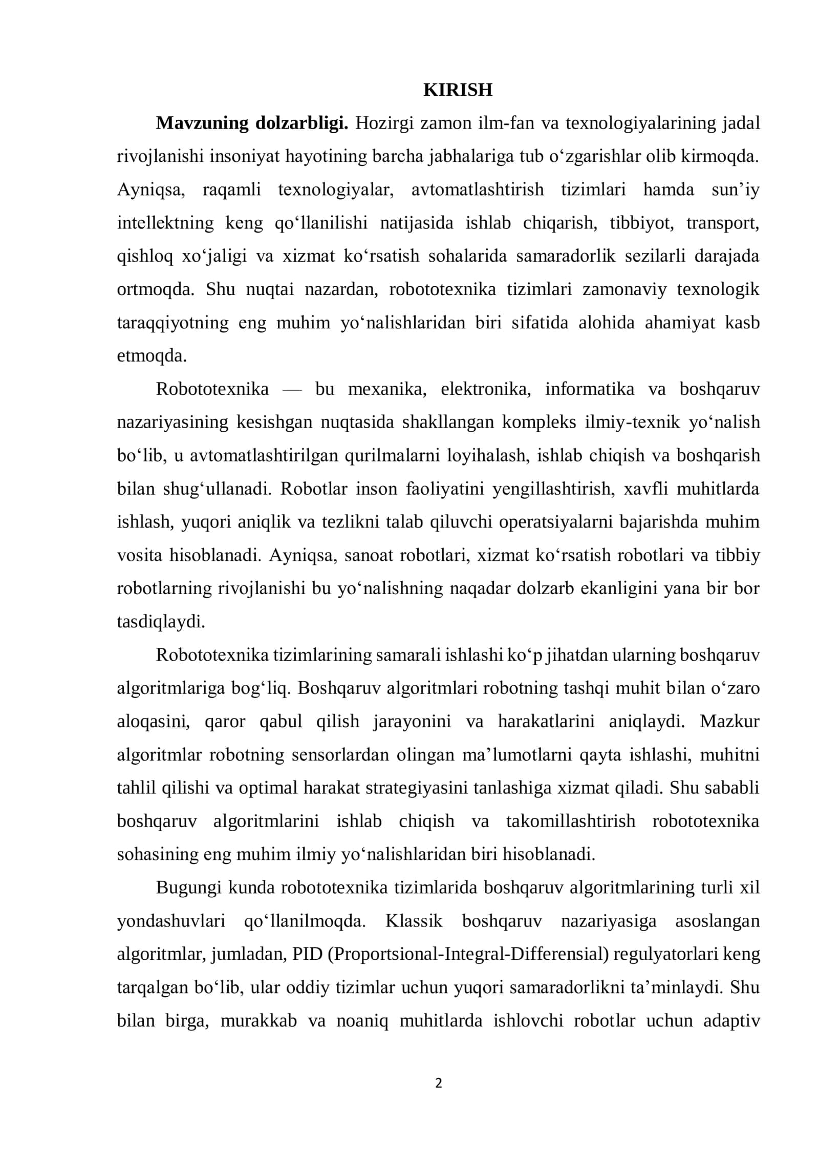 ROBOTOTEXNIKA TIZIMLARIDA BOSHQARUV ALGORITMLARI 2