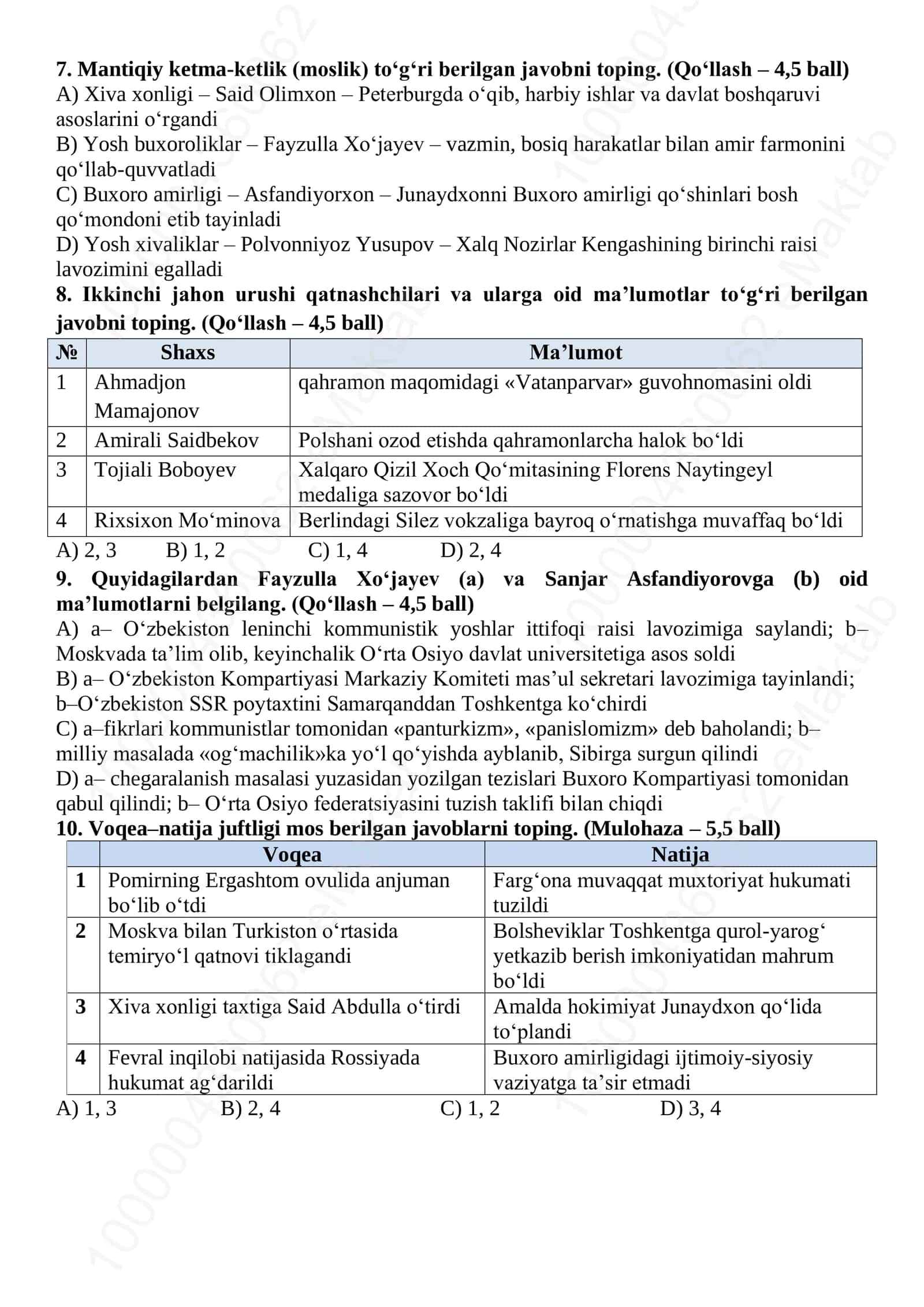 10-SINF. O‘ZBEKISTON TARIXI СHSB–2 I variant 2