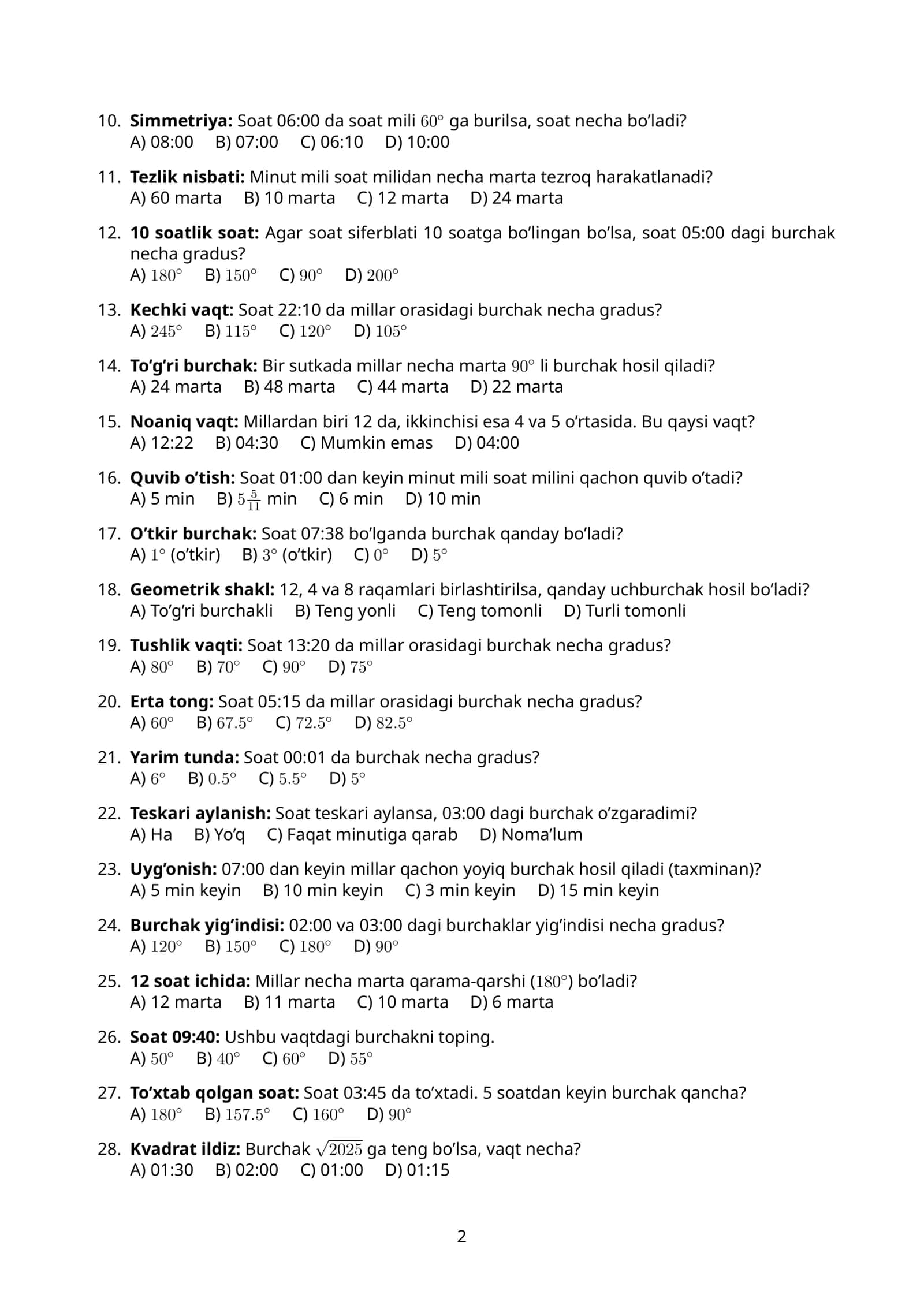 Soat va minut millari orasidagi burchaklar haqida 30 ta test kengaytirilgan ( Javoblari bilan ) 2