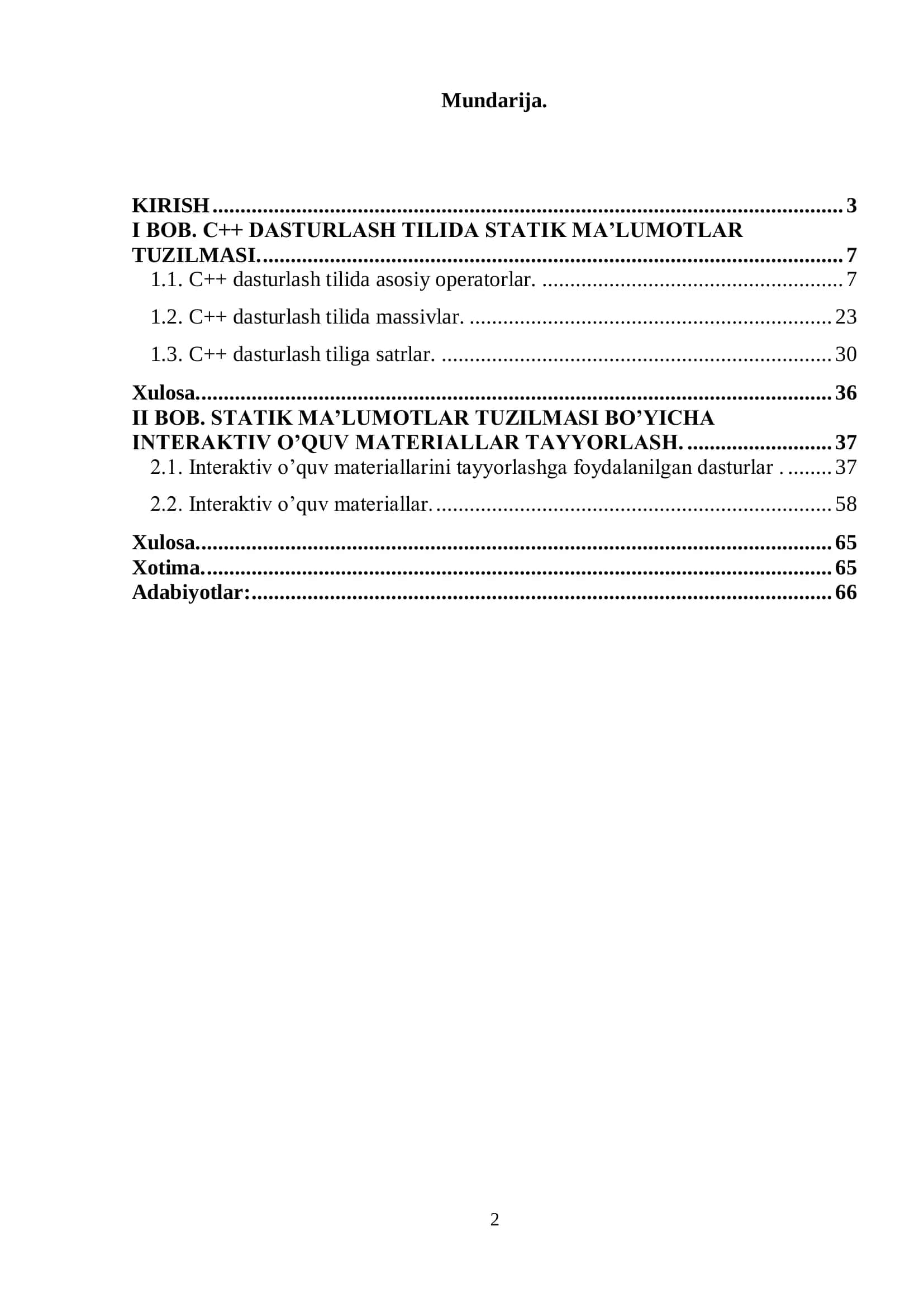 C++ dasturlash tilida statik ma’lumotlar tuzilmalari 2